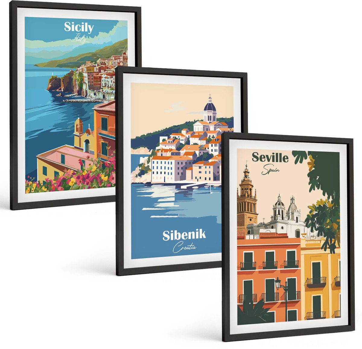 Coloray 3-Delige Schilderij Set - Europese Stadsgezichten Met Kleurrijke Gebouwen - 40 x 60 cm - Wanddecoratie - Moderne Interieurdecoratie - Muurdecoratie