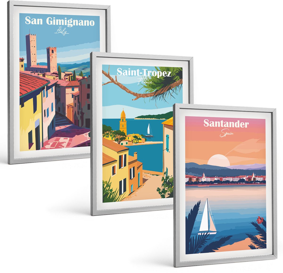 Coloray 3-Delige Schilderij Set - Italiaanse Stadjes En Retro Kustlandschappen - 40 x 60 cm - Wanddecoratie - Woonkamer Decoratie - Interieur Decoratie