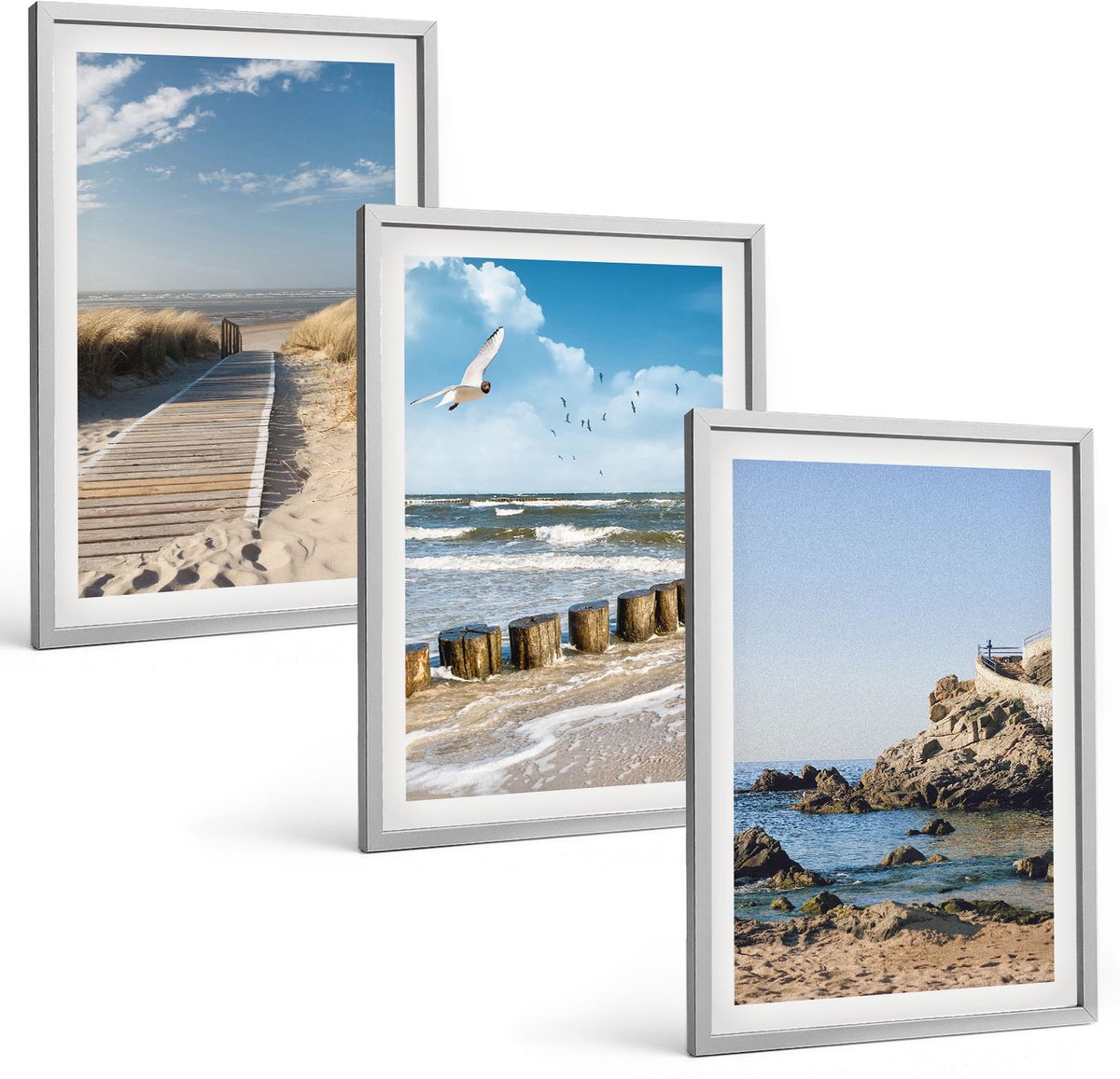 Coloray 3-Delige Schilderij Set - Strand Met Een Houten Pad, Zee En Kliffen Aan Zee. - 40 x 60 cm - Wanddecoratie - Muurdecoratie - Woonkamer