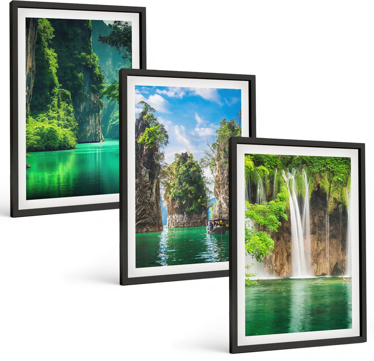 Coloray 3-Delige Schilderij Set - Groene Landschappen Met Watervallen En Rotsen - 40 x 60 cm - Decoratieve Schilderijen - Woonkamer - Interieur - Moderne Wanddecoratie