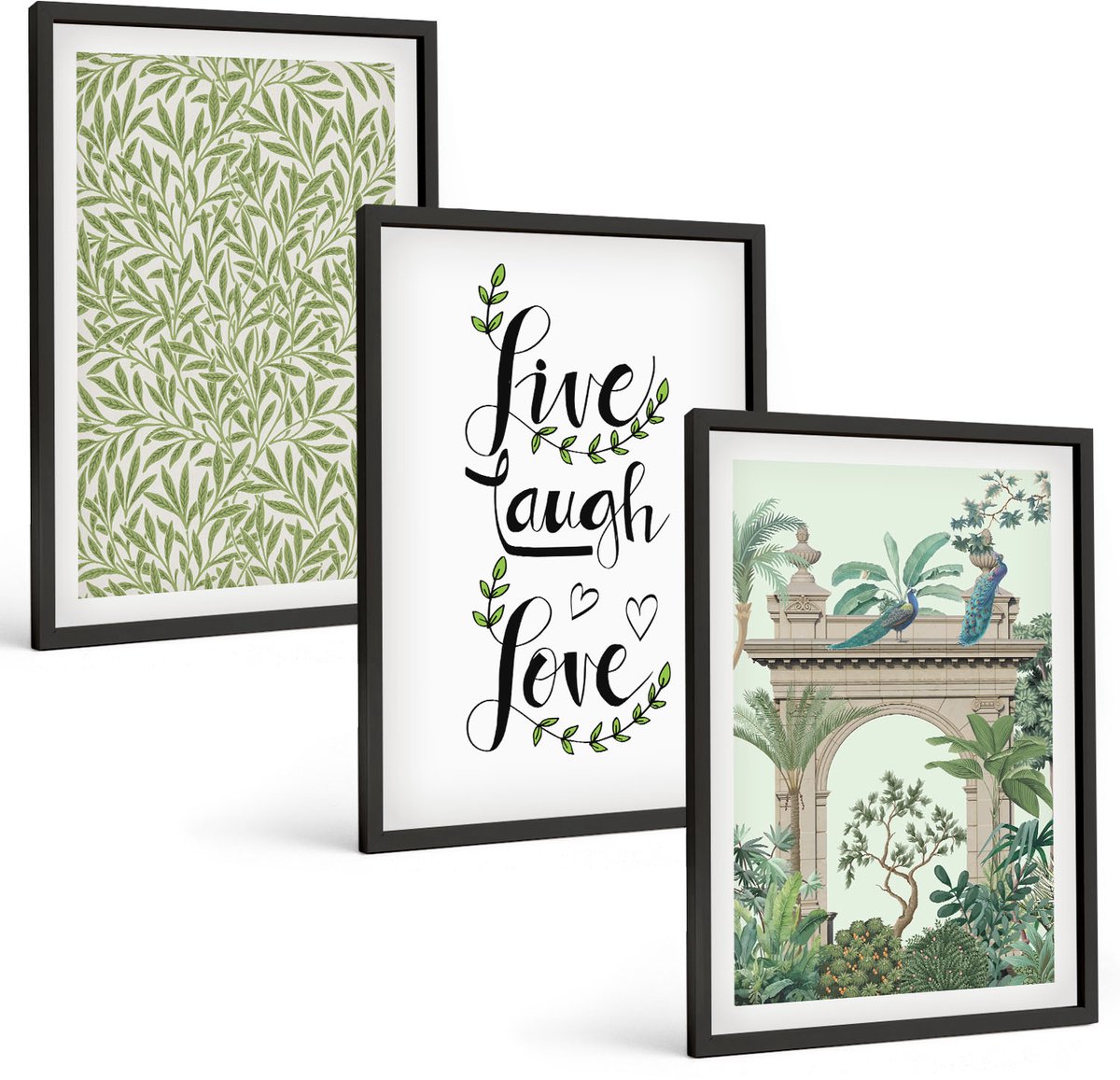 Coloray 3-Delige Schilderij Set - Groene Bladeren Als Lettertype En Exotische Planten In De Architectuur - 40 x 60 cm - Muurdecoratie - Decoratieve Schilderijen - Wohnzimmer