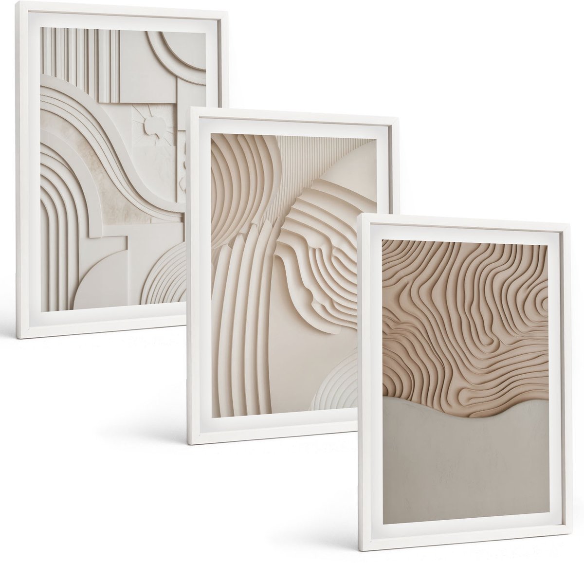 Coloray 3-Delige Schilderij Set - Abstracte Patronen In Beige En Witte Tinten. - 40 x 60 - Schilderijen Set - Wanddecoratie - Woonkamer