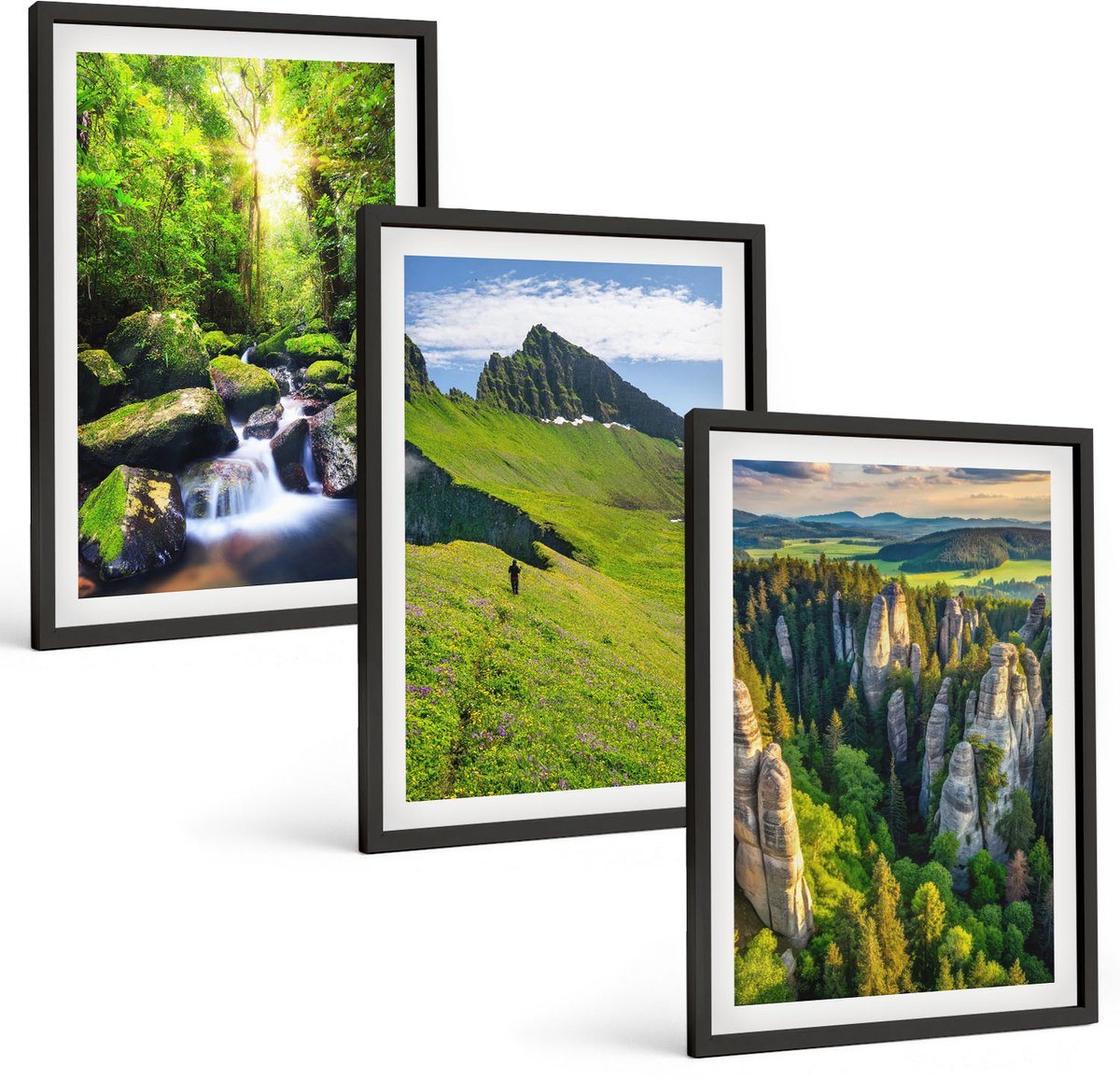 Coloray 3-Delige Schilderij Set - Groene Berglandschappen Met Waterval En Bos - 40 x 60 cm - Wanddecoratie - Moderne Interieurdecoratie - Woonkamer Decoratie