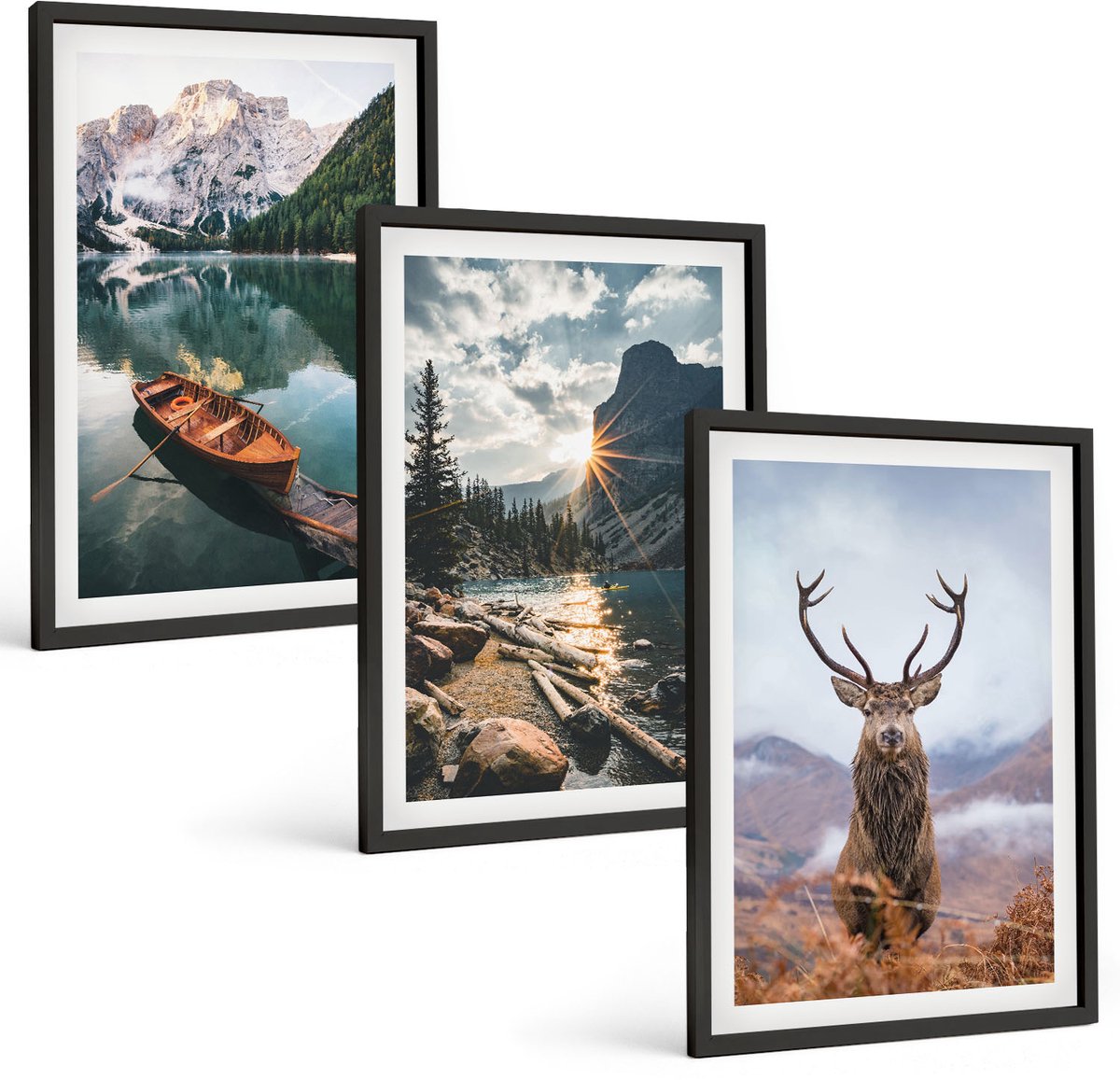 Coloray 3-Delige Schilderij Set - Bergmeer Lodz Zonsondergang Hert In De Natuur - 40 x 60 cm - Wanddecoratie - Moderne Interieurdecoratie