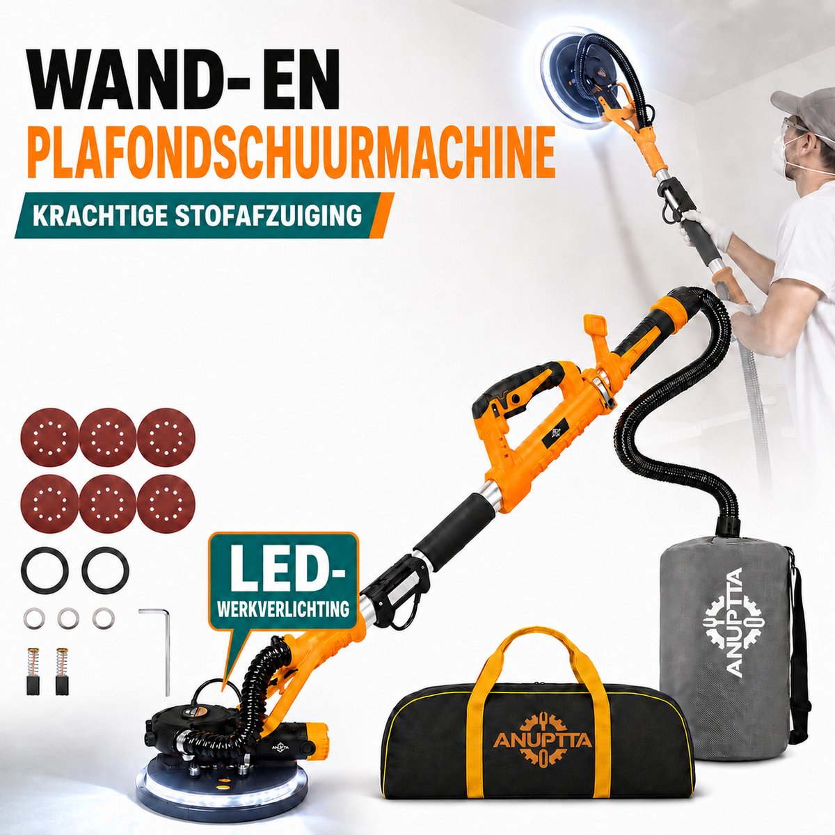 ANUPTA Wand- en Plafondschuurmachine 880W – Langnek Schuurmachine Ø225 mm met Stofafzuiging, Dubbele LED, Telescopische Steel, Variabele Snelheid, 6 Schuurschijven en Opbergtas