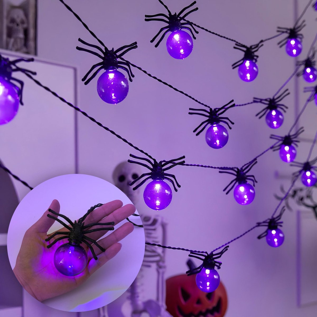 Namajunas - Halloween spinnen lichtsnoer - 10 meter met 100 lampjes - Energiezuinig - Veilig en duurzaam materiaal - Feest- en feestdag decoratie voor een sfeervolle ambiance - Geschikt voor binnen en buiten — cadeau in Wonen & Interieur - foto 5