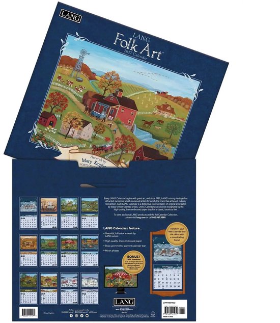Achterkant van Langle Folk Art 2027 kalender met afbeeldingen van maanden en productinformatie.