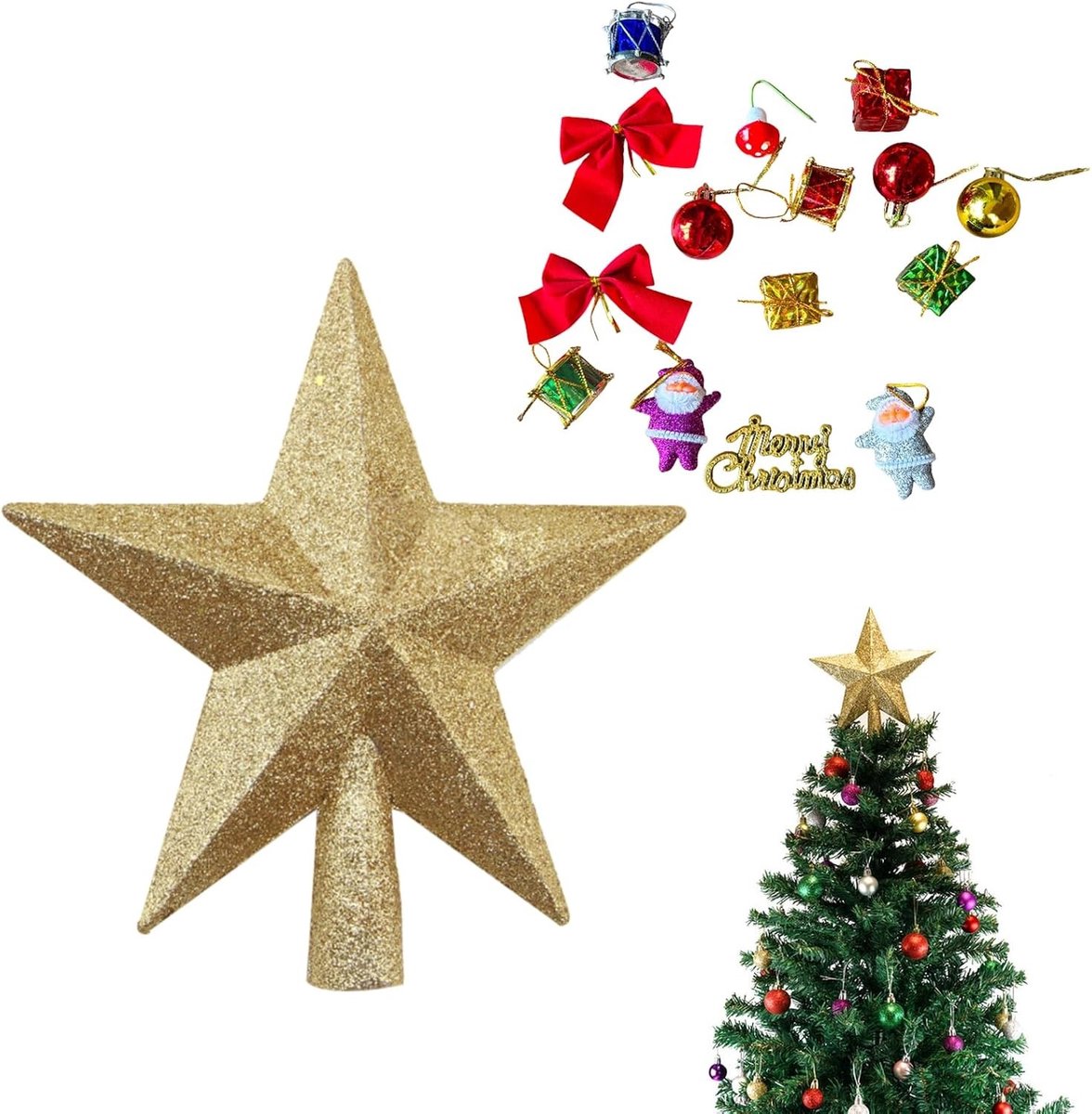 Gouden Ster voor de Kerstboom 20 cm met 'Vrolijk Kerst'-Hangertje, Kerstdecoratie, Binnen- en Buitendecoratie, Kerstballen