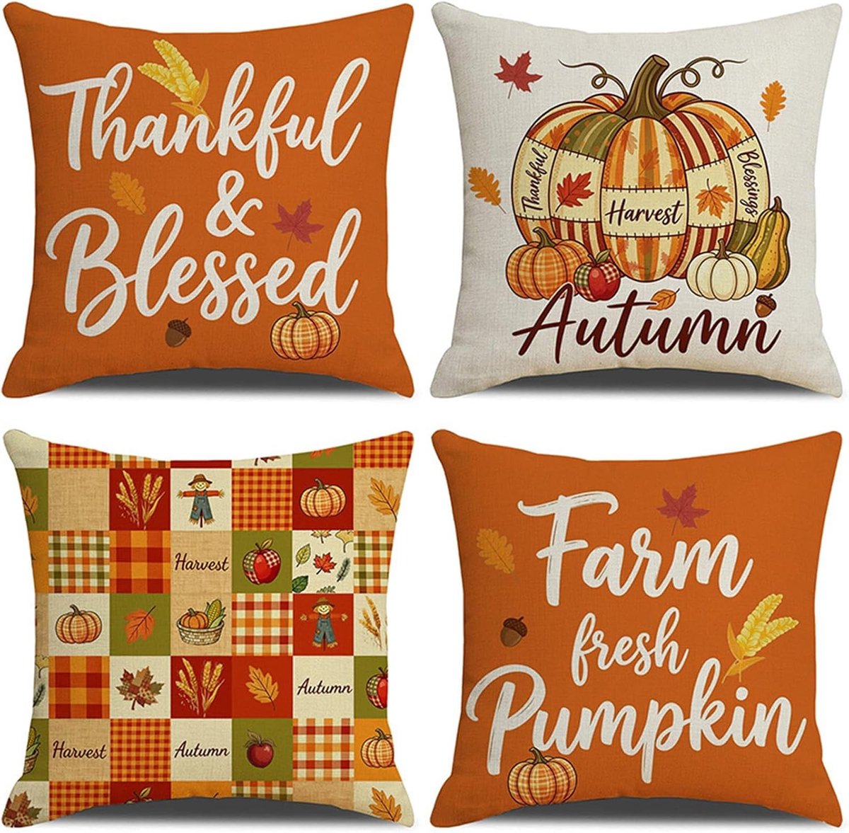 Herfst Decoratieve Kussenhoezen 45x45cm, Set van 4, Katoen Linnen, Pompoen Motief voor Bank en Bed, Perfect voor Thanksgiving en Woondecoratie