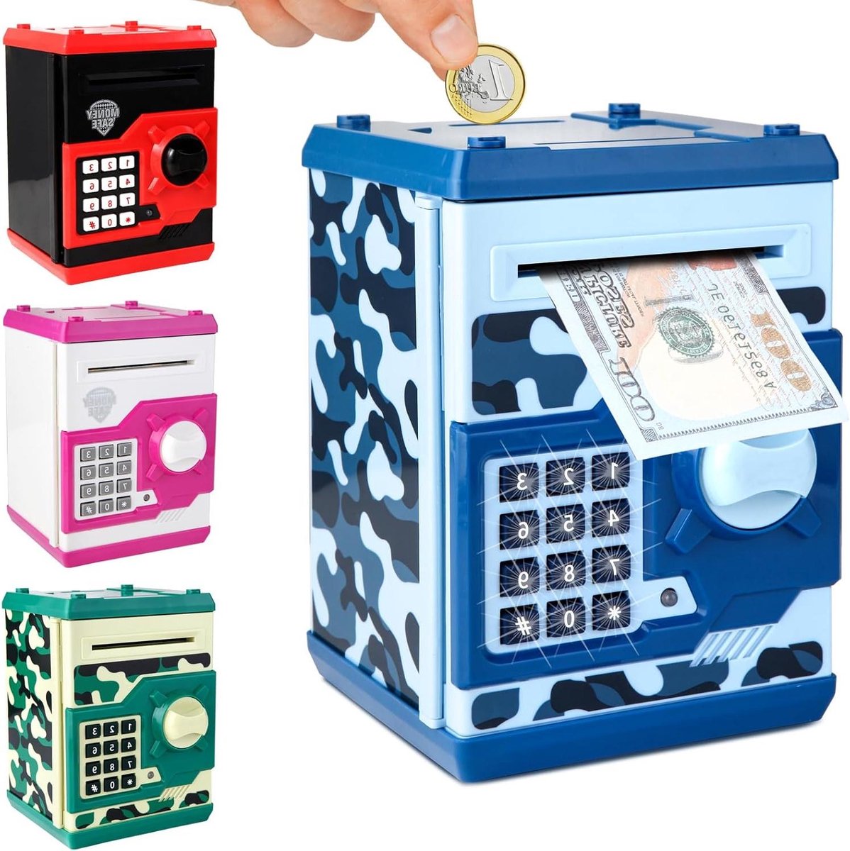 Elektronische spaarpot - Geldkluis speelgoed - Kinderen leren sparen - Wachtwoord beveiliging - 187 cm hoog - Blauw camouflage