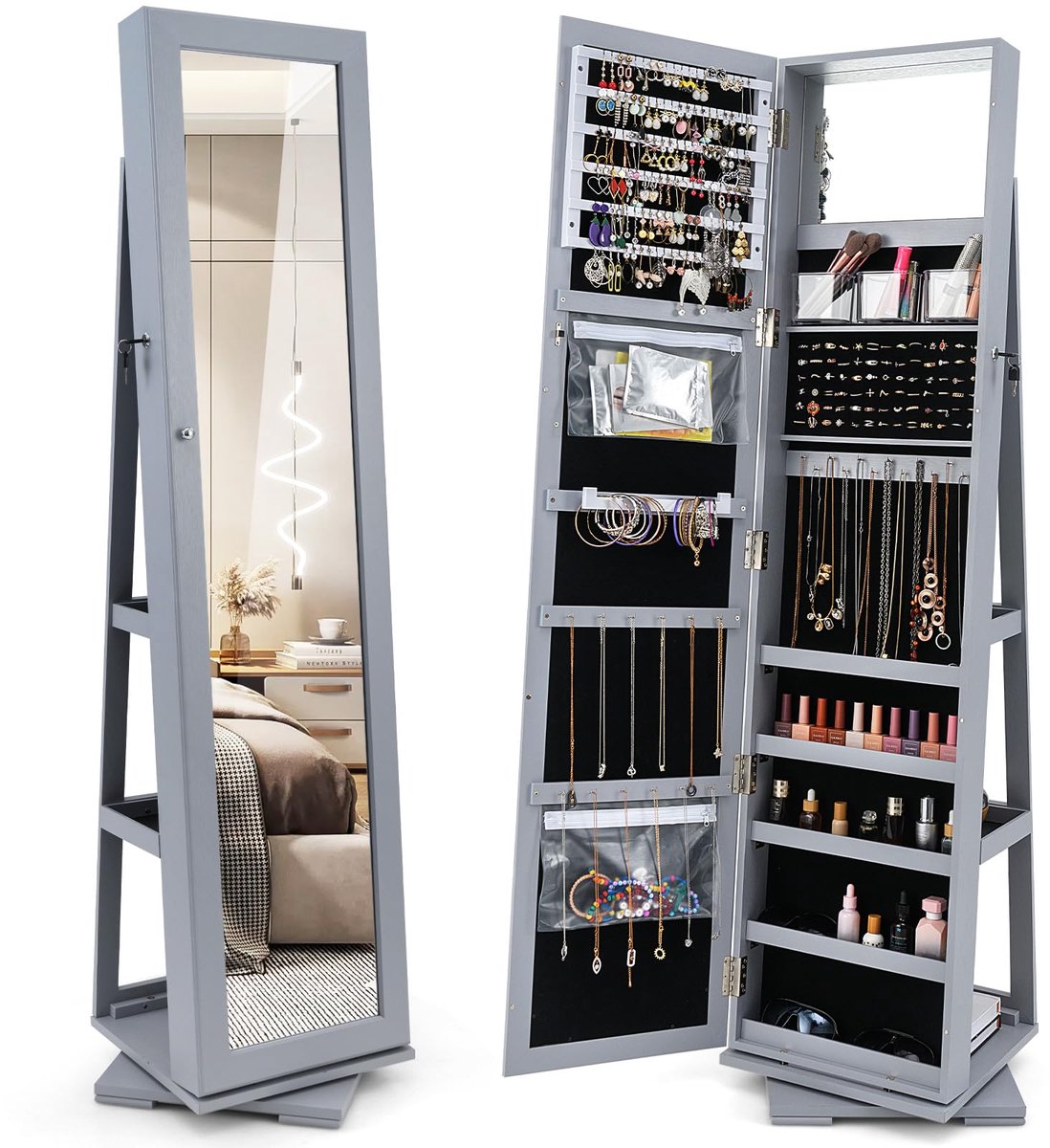 COSTWAY 360° draaibare sieradenkast, full-body spiegel, spiegelkast met sieradenopslag en 2 planken, sieradenorganizer, afsluitbaar met sleutels (39 x 39 x 161 cm, grijs)
