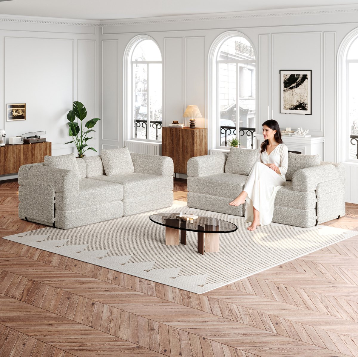 MIVRAY Slaapbank 4-Zits Voor Woonkamer Met Opbergruimte In Armleuning Metalen Frame Modulair Met Antislip Basis Chenille Licht Beige