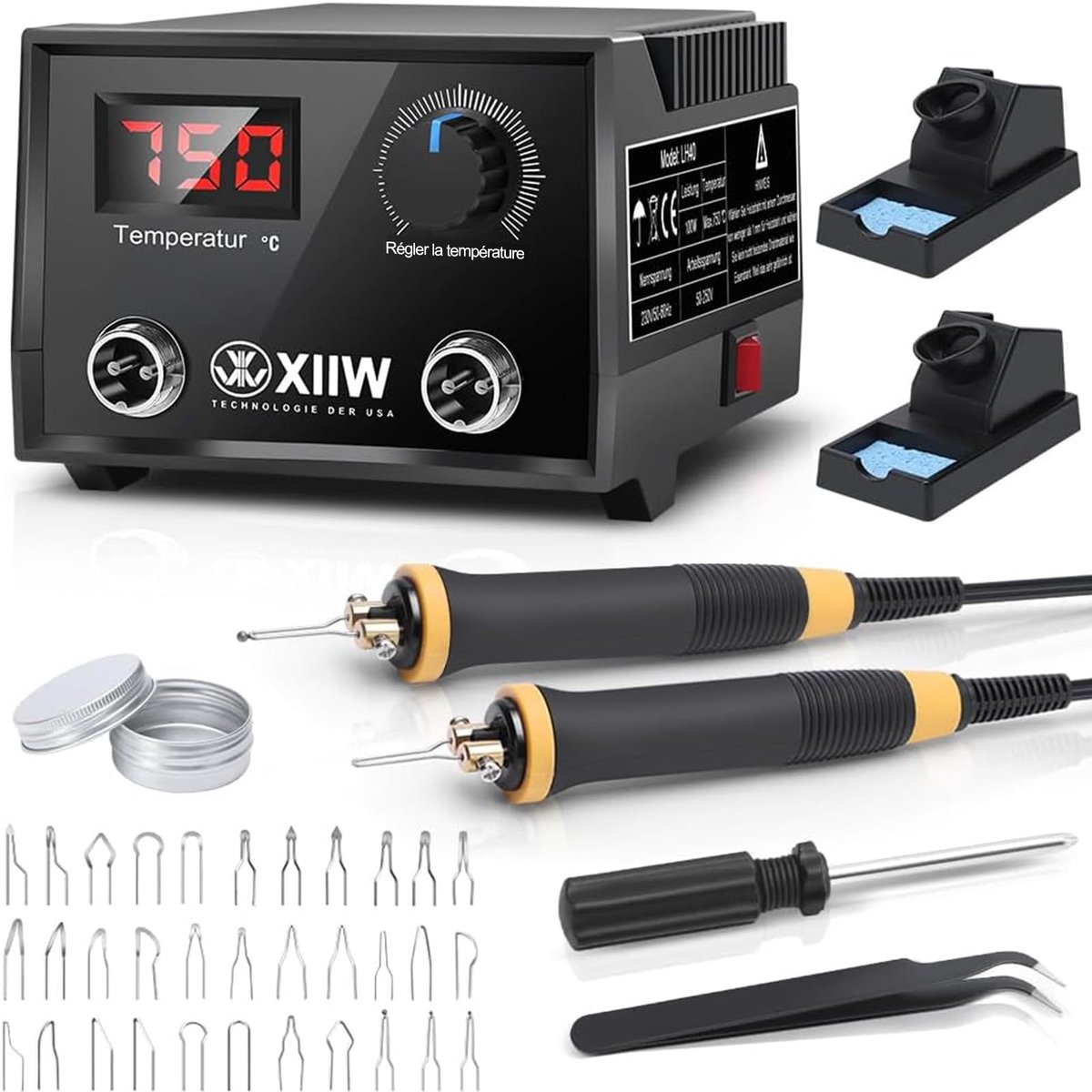 XIIW Pyrografie Set met Dubbele Penpoort - 2 Lichte Brandpennen + 33 Tips, 0-750°C Instelbare Houtbrander, Veelzijdige - ShopVlot