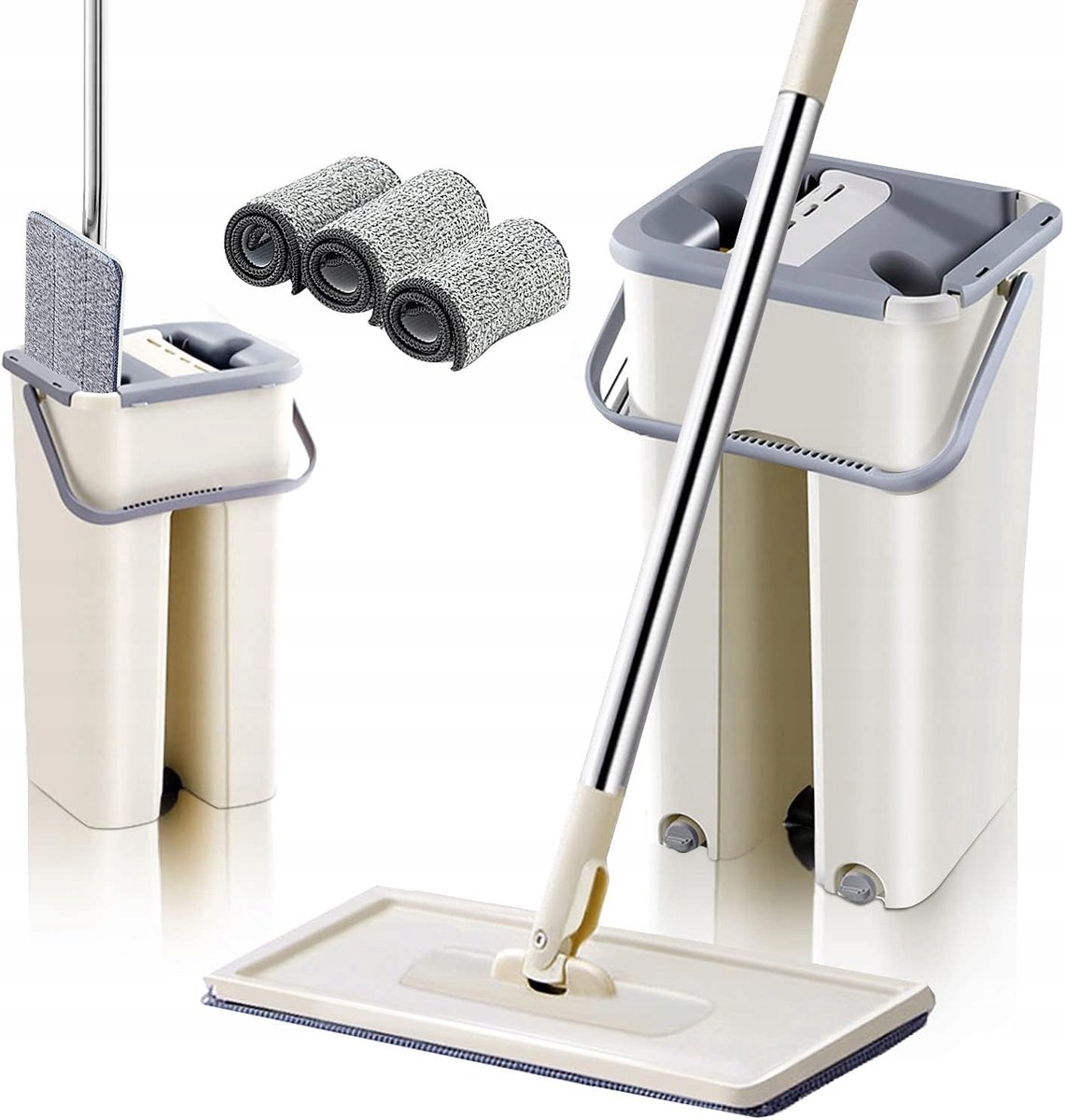 Vloermop Set met Emmer: 115cm, 3 Microvezel Pads, 360° Draaibaar