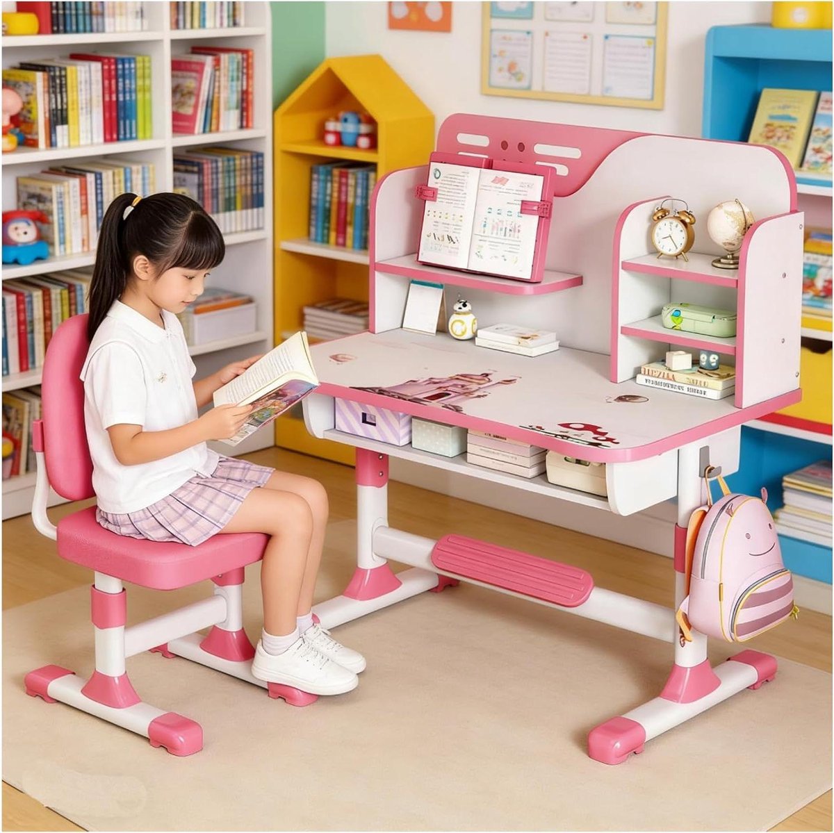 Kinderbureau en stoel - Studietafel set - Leren en creëren - In hoogte verstelbaar - 80 cm breed - Roze