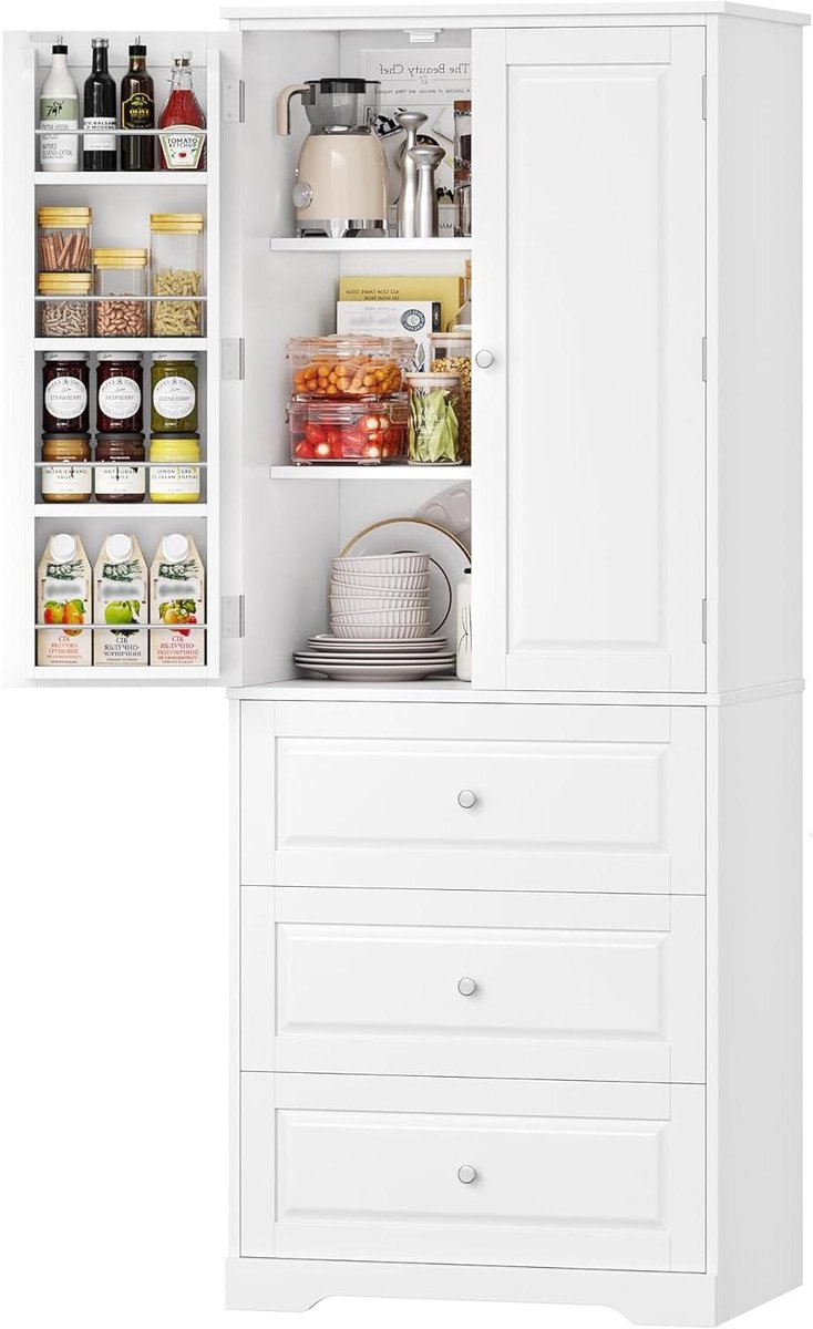 Keukenkast Voorraadkast - Buffetkast Hoge Kast - Keuken Opbergen - Veelzijdige Opbergruimte - 60 x 40 x 150 cm - Wit