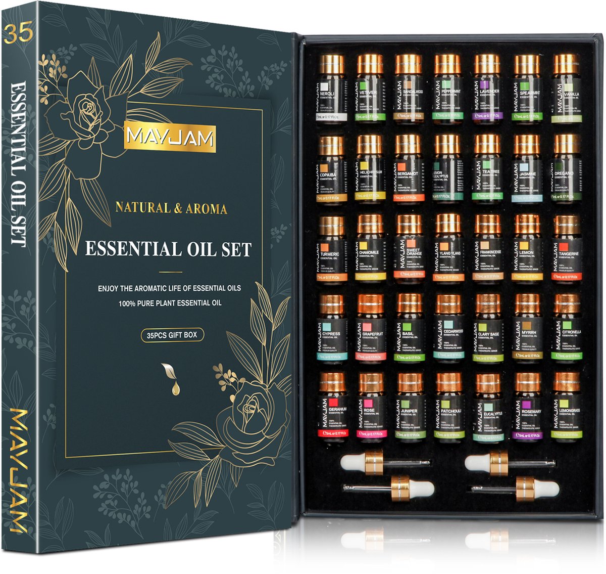 Mura Aroma Diffuser - Etherische Olie - Geurolie - Essential Oil - Set Van 35 Geuren - Fles Bevat 50Ml - Incl. 4 Druppelaars