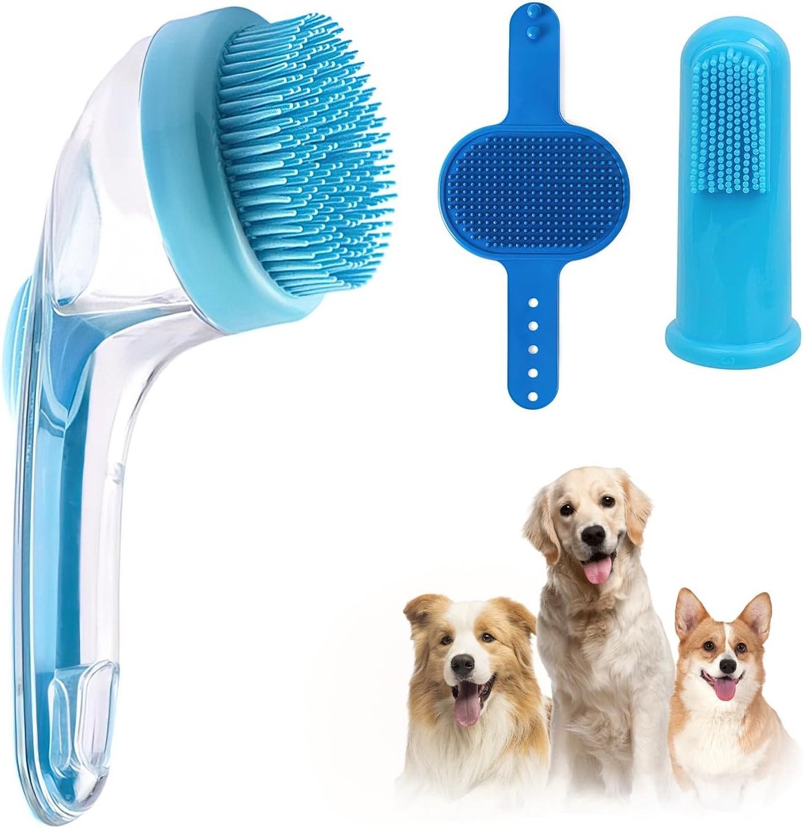 Set van 3 Hondenshampoo Massageborstels met Lange Handgreep, Wasgloves en Vingerborstel voor Dierenverzorging, Perfect voor Lang- en Korthaar Honden en Katten