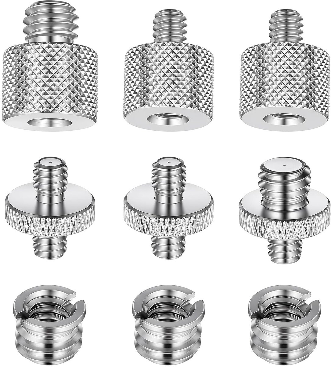 9-delige Aluminium Tripod Adapter Set met 1/4" naar 3/8" en 3/8" naar 1/4" Draadconverters voor Camera, Microfoonstandaard en Lampen, Zilver