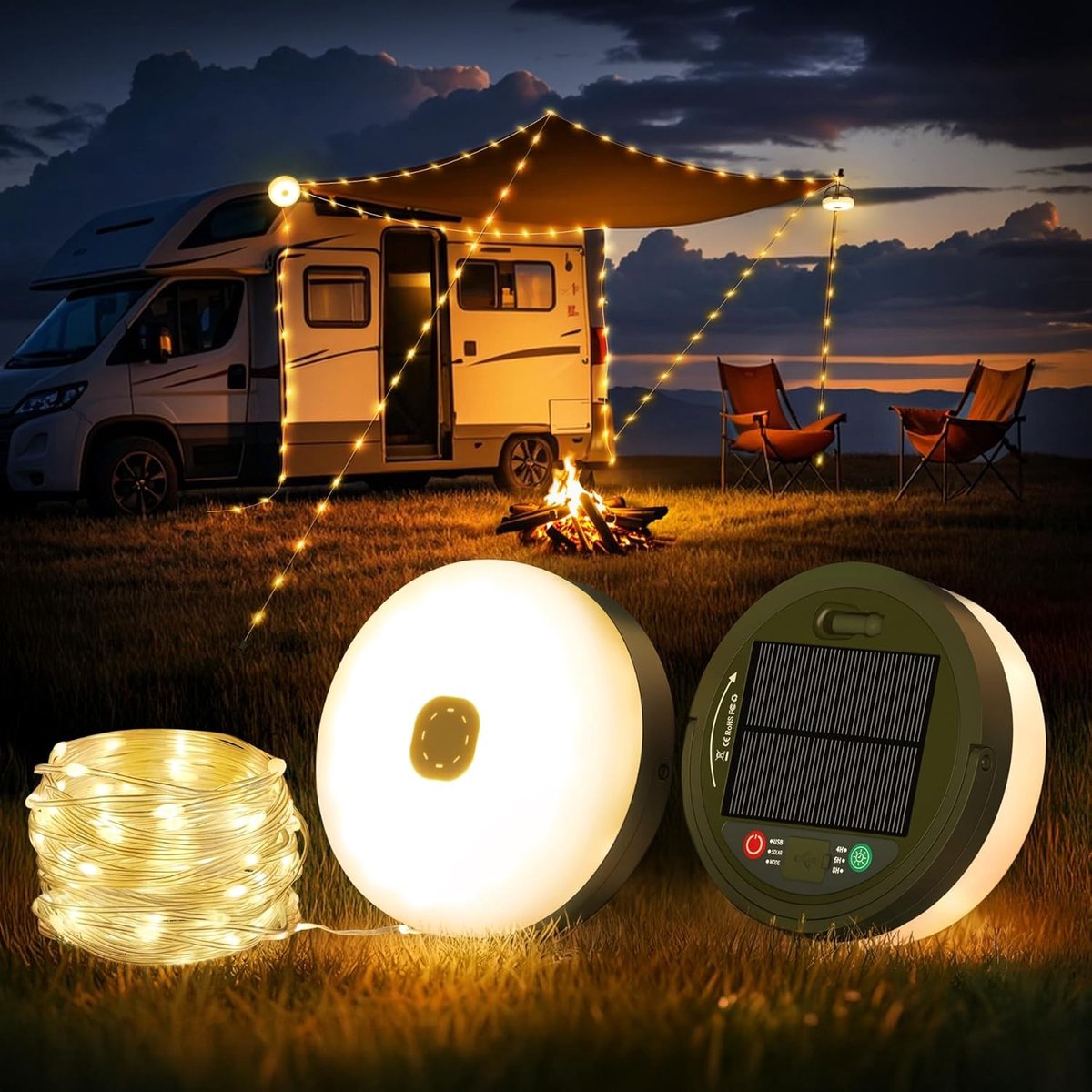 Camping Lichtketting - Opladen op Zonne-energie en USB - 10 m - Waterdicht en Oprolbaar - Voor Camping en Buitenshuis