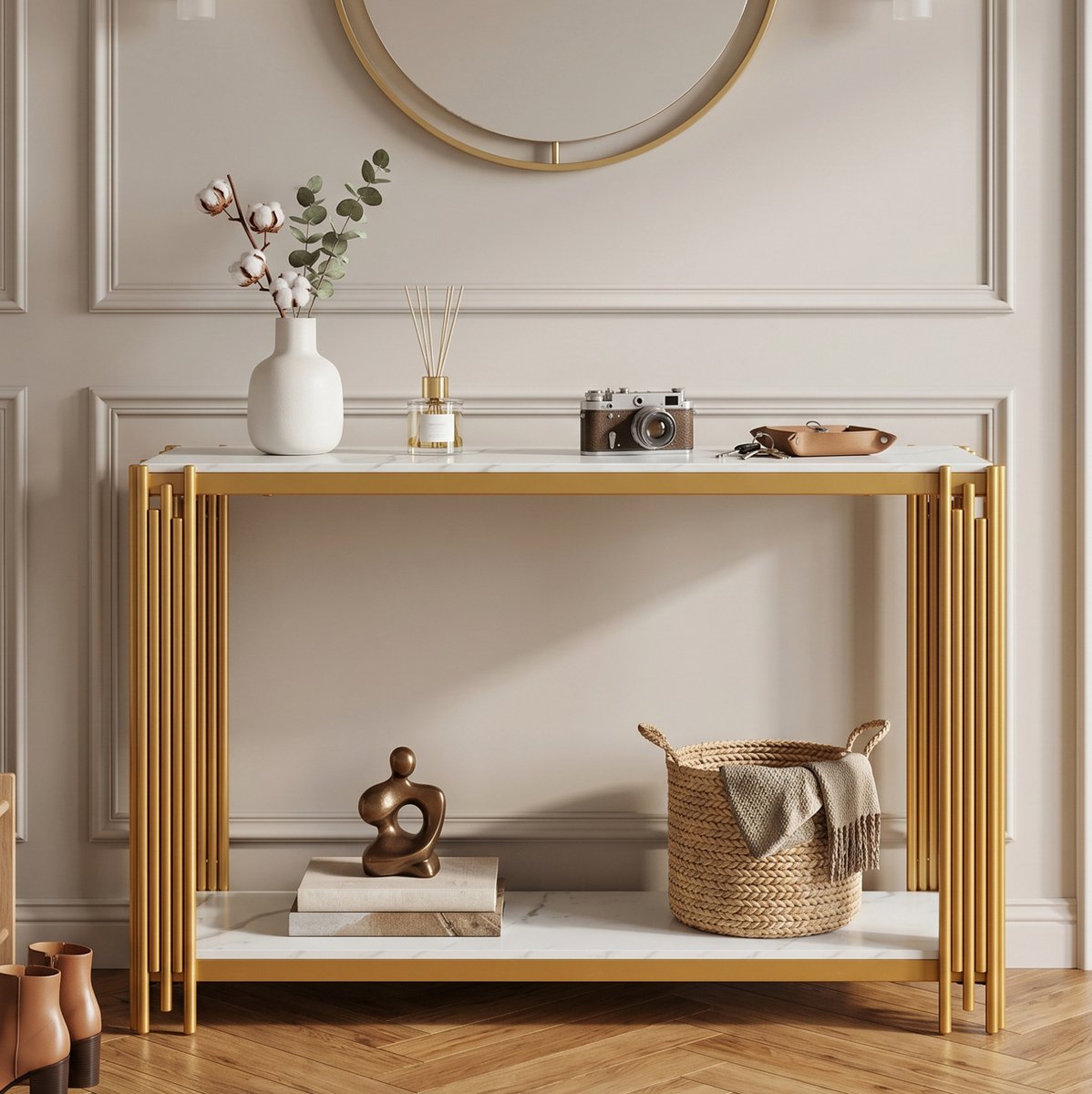 REDOM - Sidetable - 2 niveaus - Open opbergrek - Marmerlook tafelblad - Modern - Hal en woonkamer - MDF en metaal - Goud en wit - 123,5 x 33,5 x 80 cm