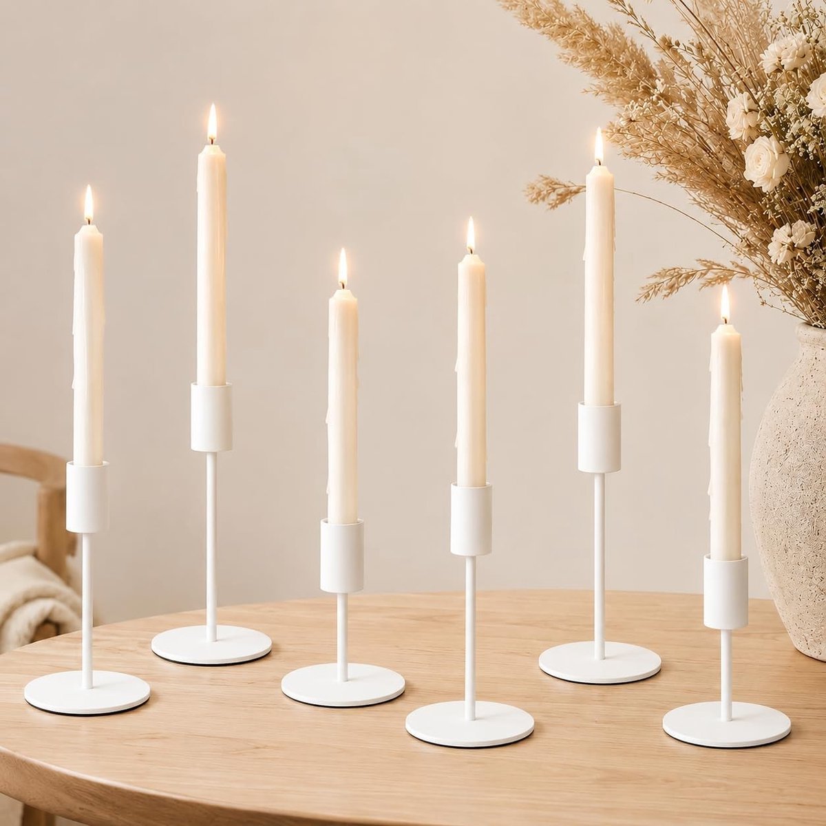 Set van 6 Kandelaars - Wit - 16/14/8,5 cm - Hoogwaardig Metaal - Voor Bruiloft en Tafeldecoratie