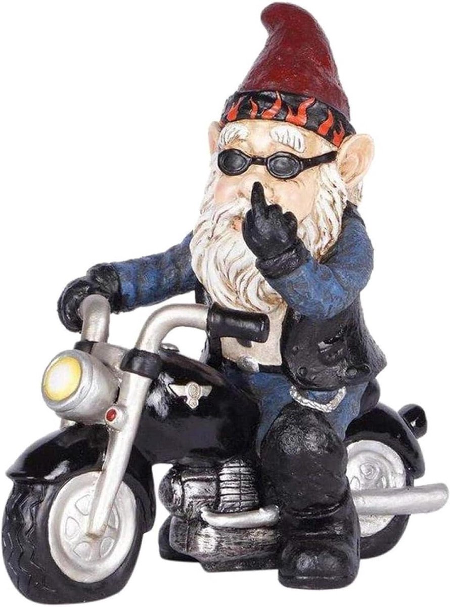Tuinbeeld Motorrijder - Dwerg Figuur - Tuin Decoratie - Uniek Vrolijk Design - 15 cm Hoog - Bruin