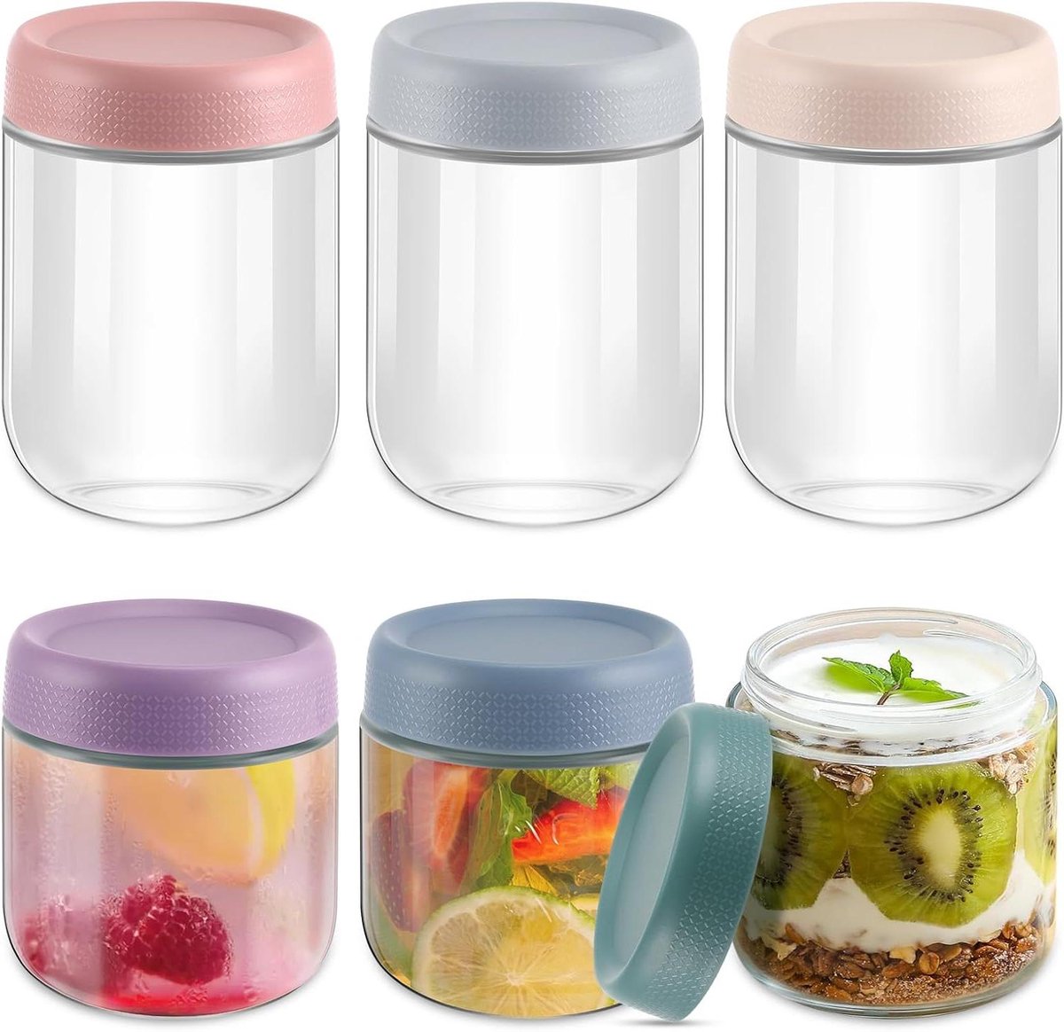 Glazen Potten - Yoghurtbekers Deksel - Voedsel Bewaren - Lekvrij Stapelbaar - 6 Stuks 480ml - Kleurrijk