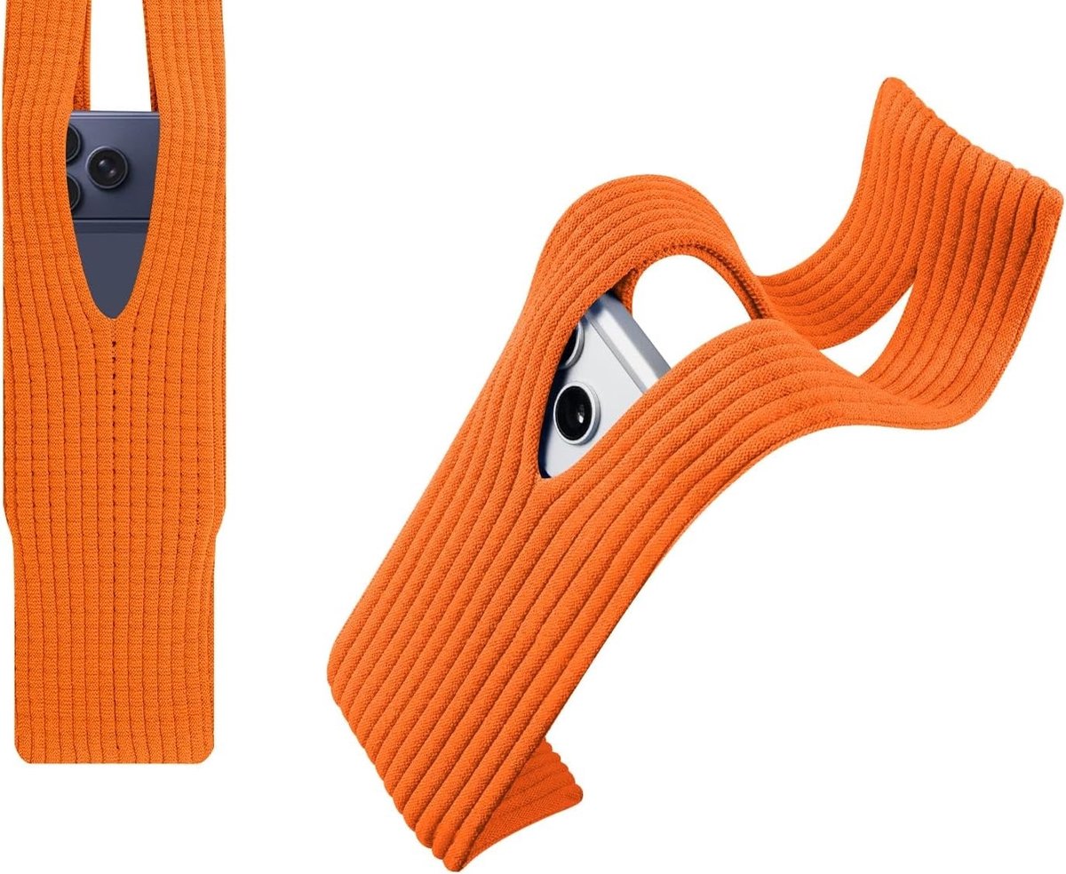 Telefoontasje Gebreid met Koord Oranje – Stretch Smartphone Tas, Lichtgewicht Telefoonhoesje voor Schouder & Crossbody