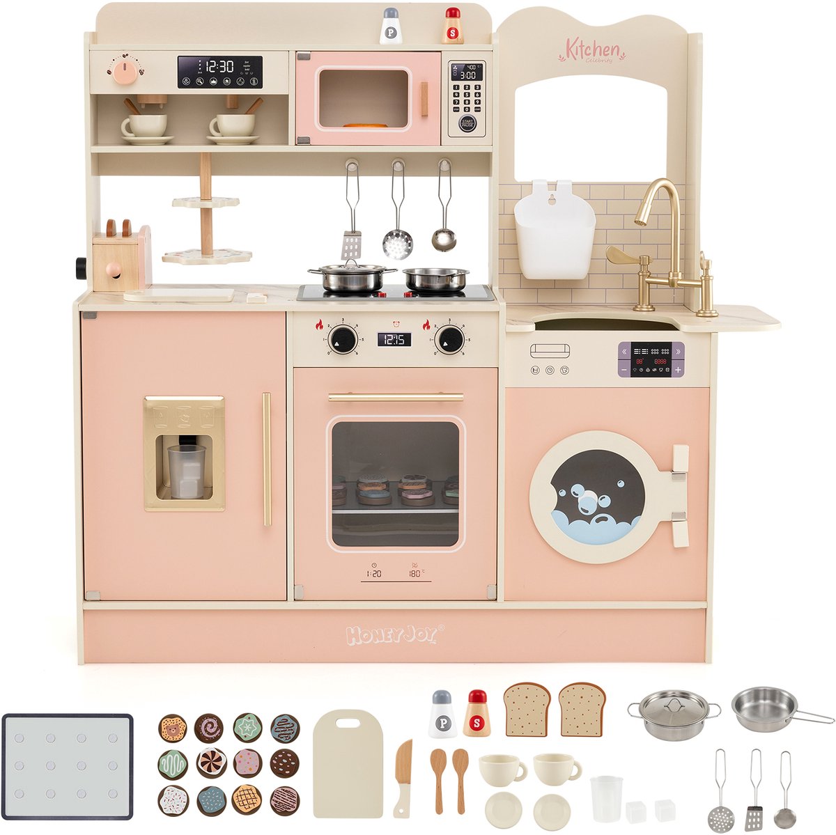 COSTWAY Kinderkeuken, Speelkeuken met 22 Accessoires: Houten Keuken met Fornuis, Kraan, Magnetron, Koffiezetapparaat, Broodrooster en Ijsdispenser, Licht en Geluid, 94cm hoog (aanrecht: 51,5cm), Roze