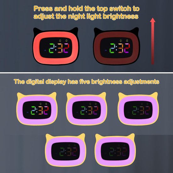 Digitale Kinderklok - Nachtlamp Wekker - Kinderkamer Inrichting - 8 Kleuren Nachtlamp - Oplaadbaar - Geel — afbeelding 4