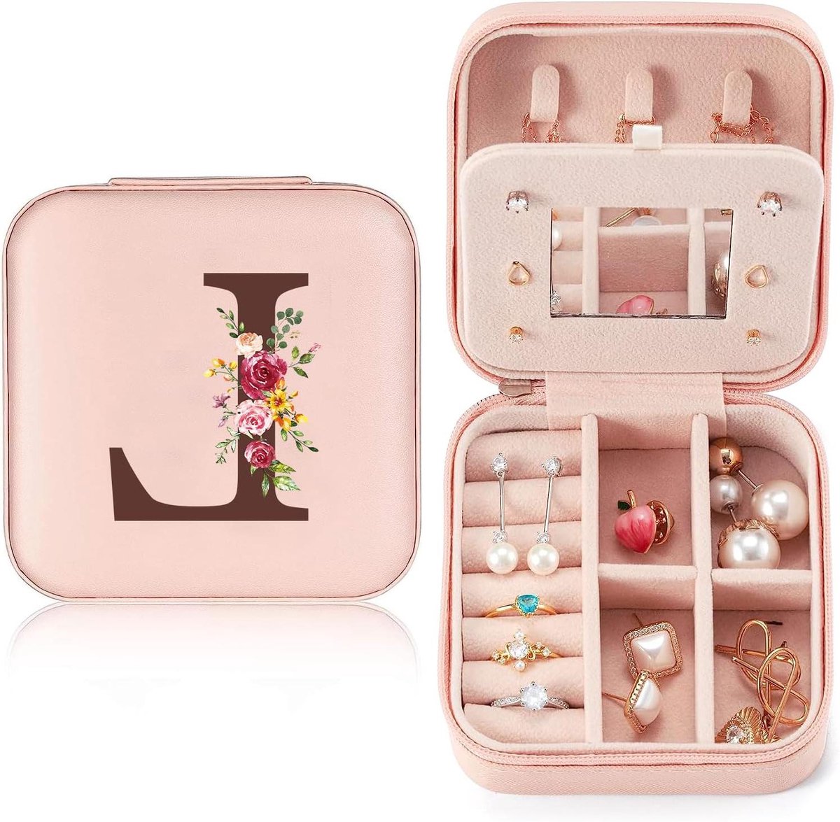 Sieradendoosje Klein - Reis Doosje - Sieraden Opbergen - Met Spiegeltje - 10x10x5 cm - Roze