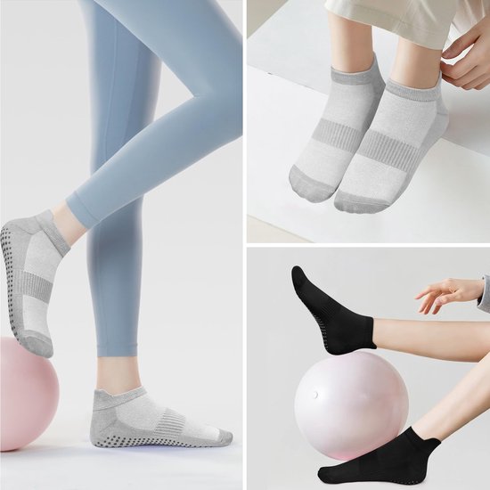 Set van 4 paar antislip-sportsokken - Stijl voor pilates en yoga (dames) - Eén maat (geschikt voor maat 36–41) - Zool met grip - Geschikt voor ballet, dans, revalidatie en fitness - Unisex - Zwart+Grijs — afbeelding 4