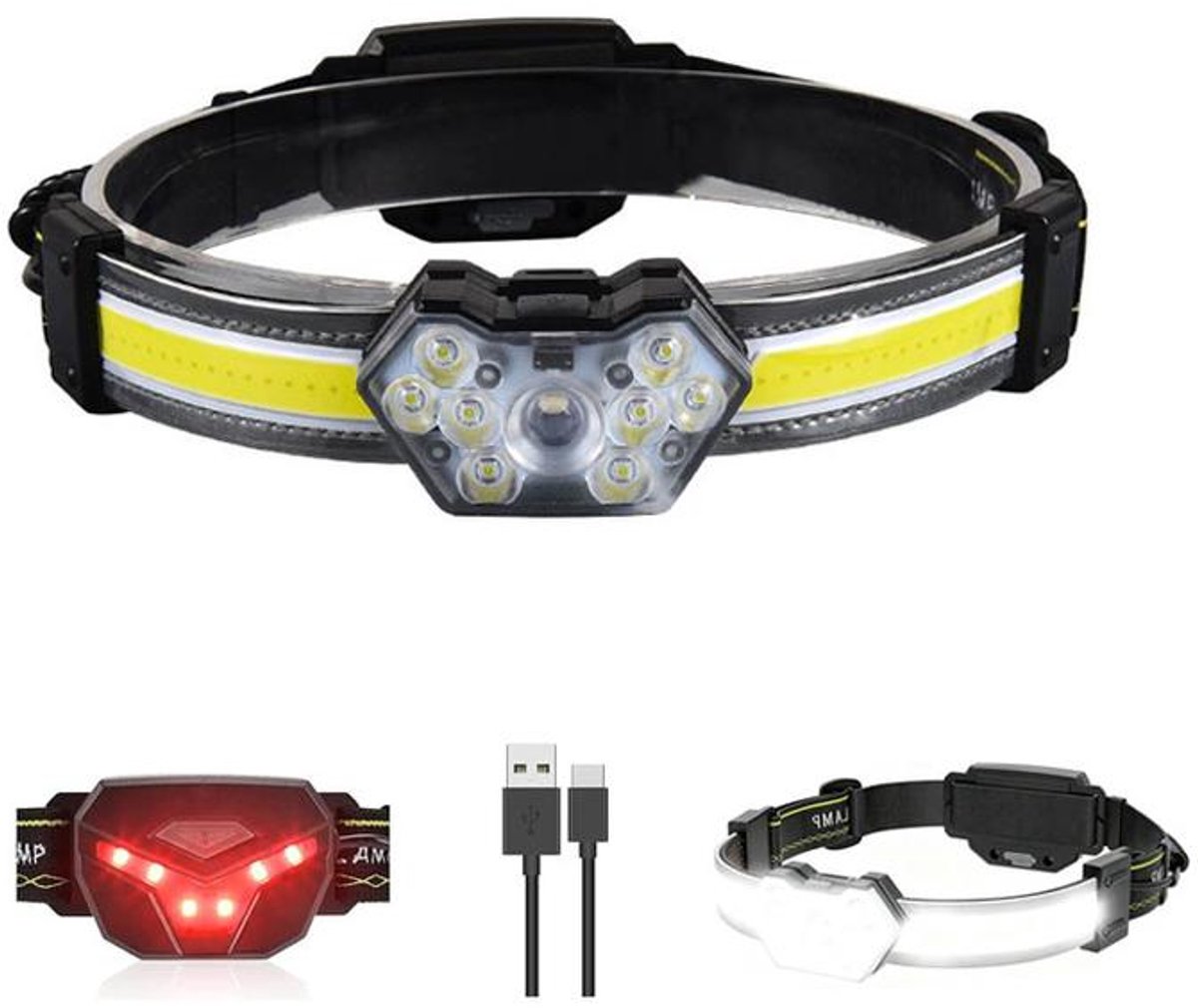 KZQ Oplaadbare hoofdlamp - LED-hoofdlamp - Buitenverlichting - Met rood achterlicht - 1500 mAh - 270° brede lichtbundel - 8 standen
