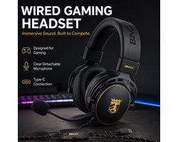 BINGLE Over-ear hoofdtelefoon - Bedrade gaming headset - Type-C interface - Oorschelpen van ijzig mesh - Ruisonderdrukkende microfoon - Geschikt voor telefoons, tablets en laptops met Type-C interface - Zwart
