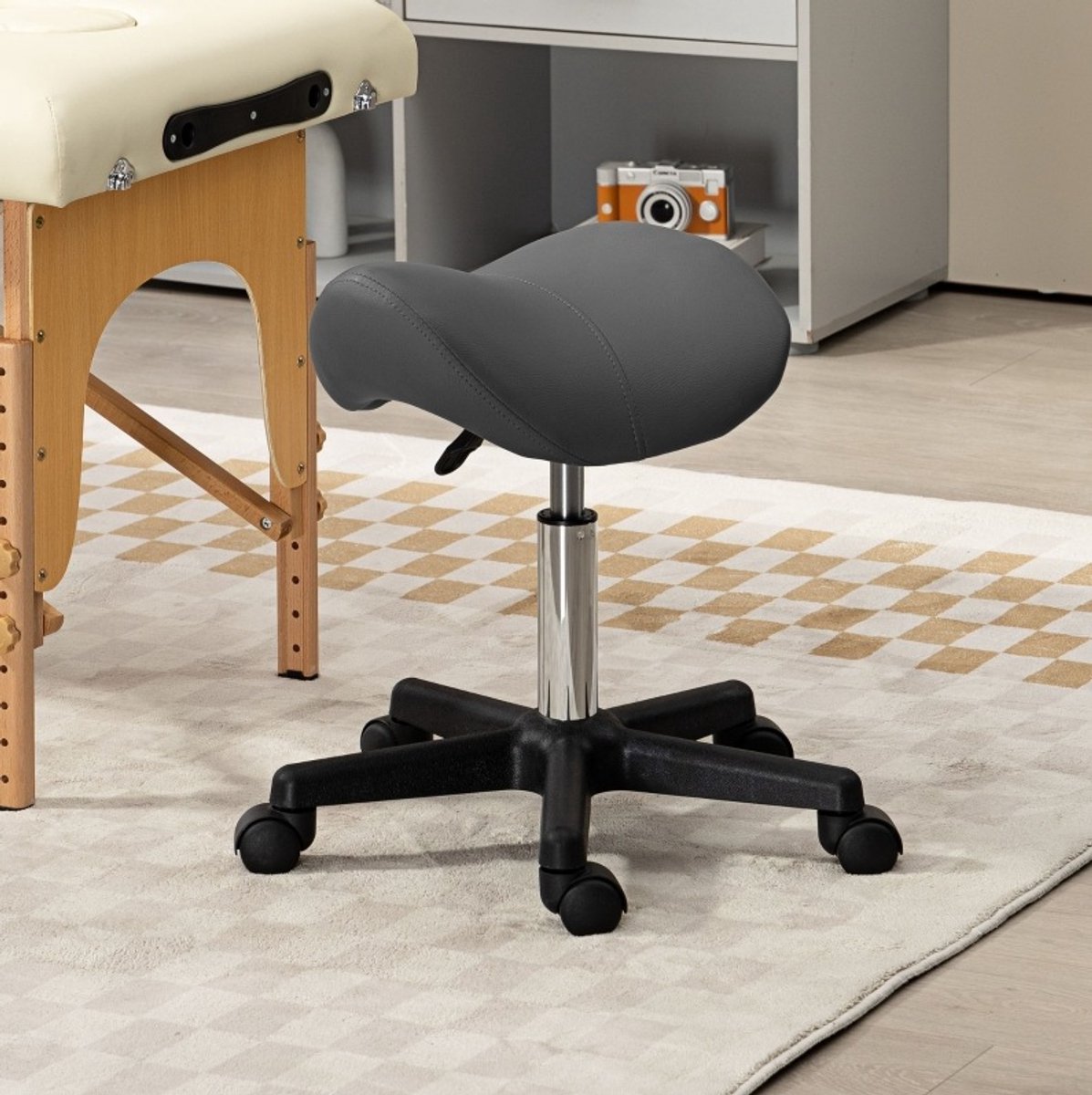 MODFU - Bureaukruk - Zadelzitting - 360° Draaibaar - Kunstleer - Grijs - 45-59 Cm