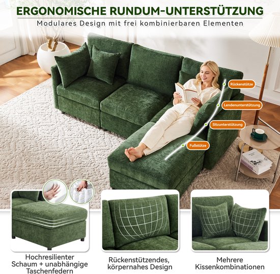 Groene modulaire hoekbank met een vrouw die leest. Met indicaties voor rug-, lendenge-, zit- en voetsteun.