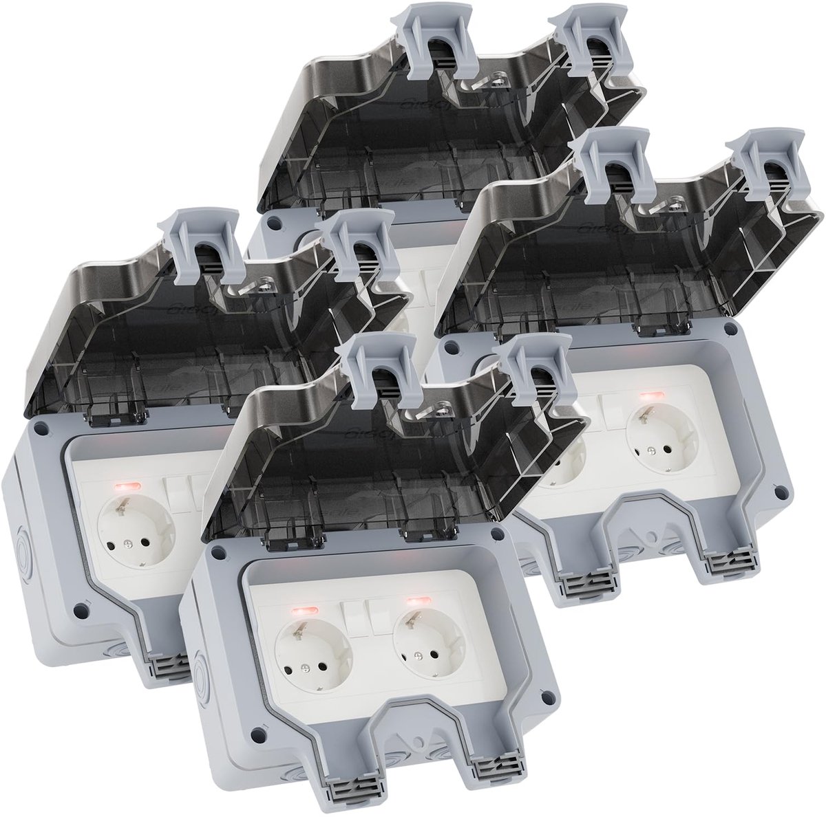 Greate 2-voudig buitenstopcontact, waterdicht, met schakelaar, voor tuin, 4 stuks | Waterdicht buitenstopcontact volgens IP66 - buitenstopcontact opbouw afsluitbaar - stopcontact buiten - buitenstopcontacten