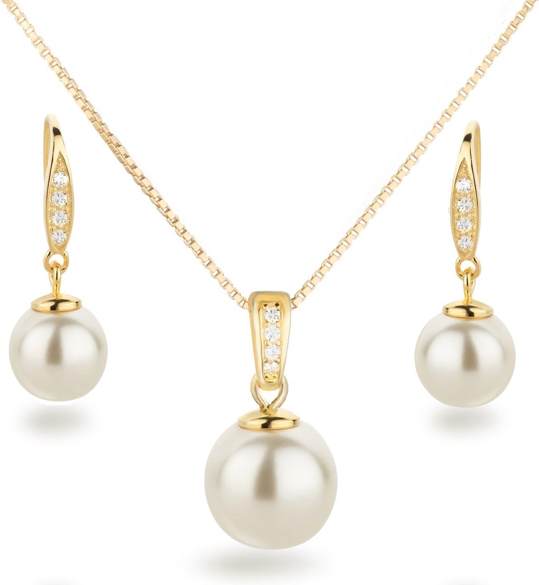 SD sieradenset parel 925 zilver verguld hanger ketting oorbellen