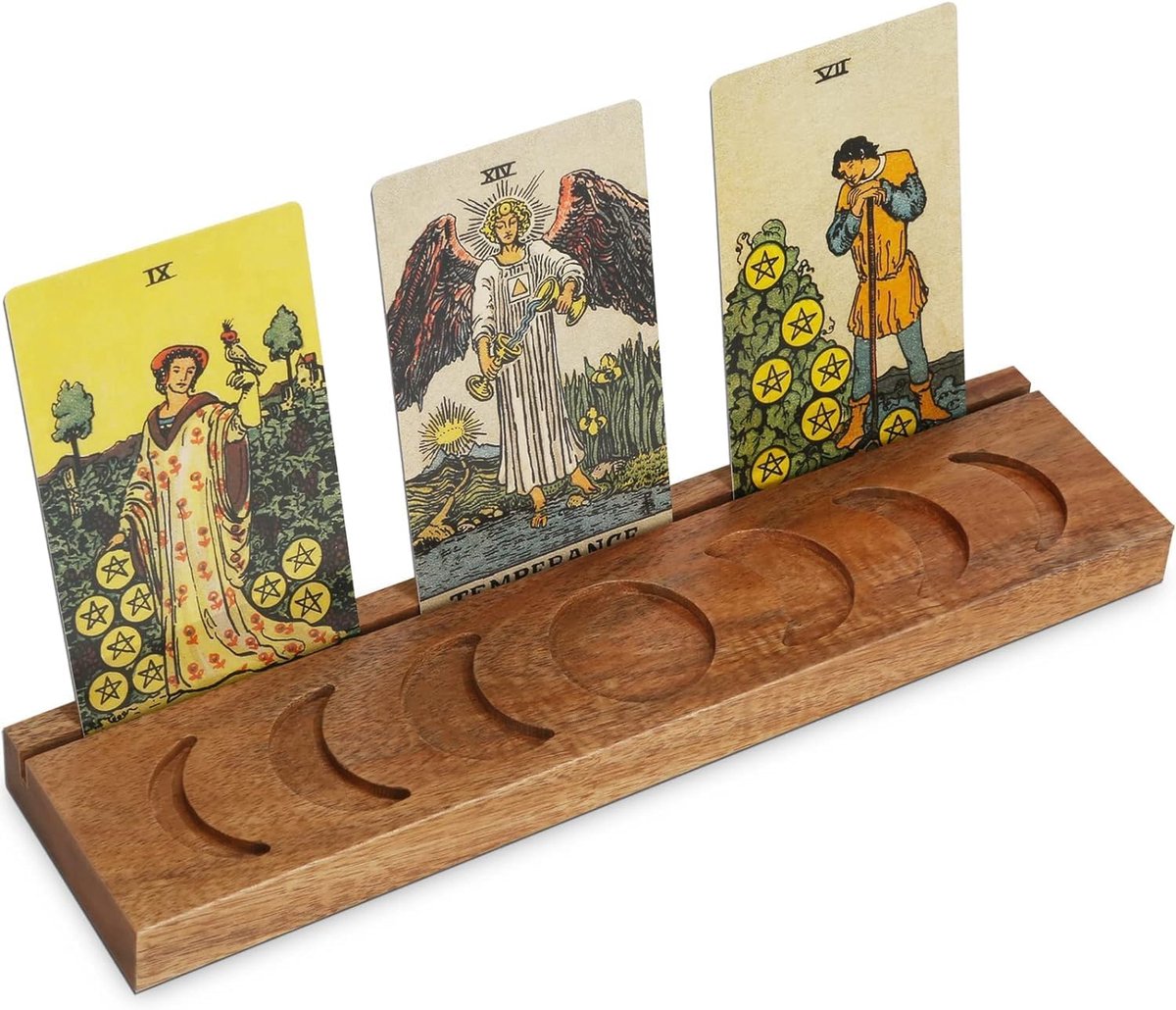 Tarotkaarthouder van hout met maanfase, heksenstandaard voor orakel-Lenormand-meditatie, weergave van dagelijkse affirmatiekaarten, tarotleesachter, heidens altaar, wicca-decoratietoebehoren