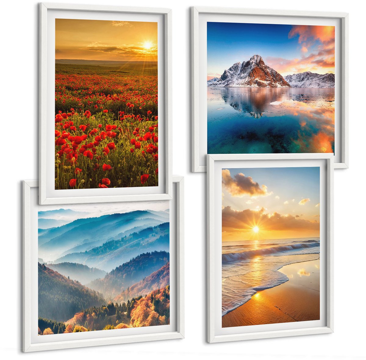 Coloray 4-Delige Schilderij Set - Berg- En Kustlandschappen Met Zonsondergang - 40 x 40 En 40 x 60 - Stijlvolle Muurdecoratie - Kantoor