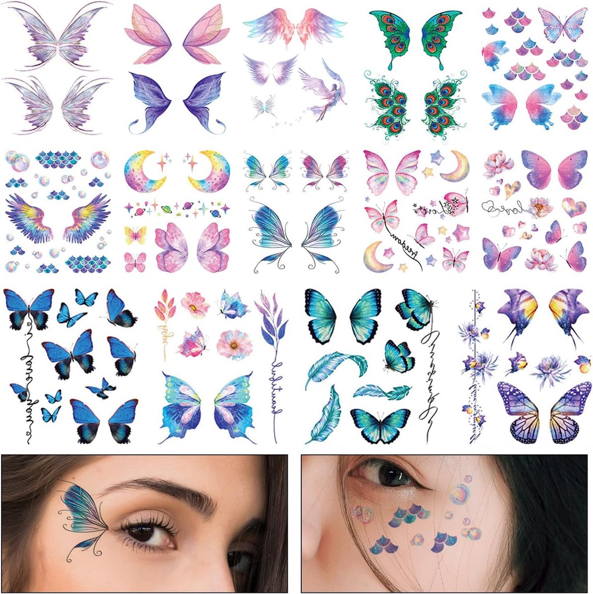 Tijdelijke Tattoos, Waterdicht, Fairy Wings Tijdelijke Tattoo Body Art Nep tatoeages Lichaamskunst voor Vrouwen Meisjes Festival Cosplay Oog Gezicht Make-up