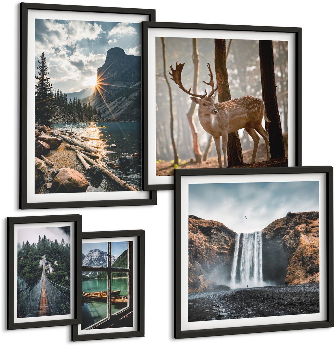 Coloray 5-Delige Schilderij Set - Natuurlandschappen Met Watervallen En Wilde Dieren - 50 x 50 cm, 20 x 30 cm En 40 x 60 cm - Muurdecoratie - Wanddecoratie - Slaapkamer - Interieur Decoratie