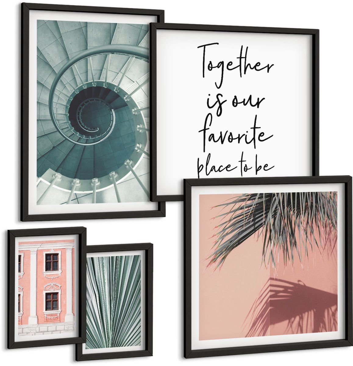 Coloray 5-Delige Schilderij Set - Stijlvolle Interieurs Met Geometrische Patronen En Planten. - 50 x 50 cm, 20 x 30 cm En 40 x 60 cm - Muurdecoratie - Schilderijen Set - Woonkamer - Woonkamer Decoratie