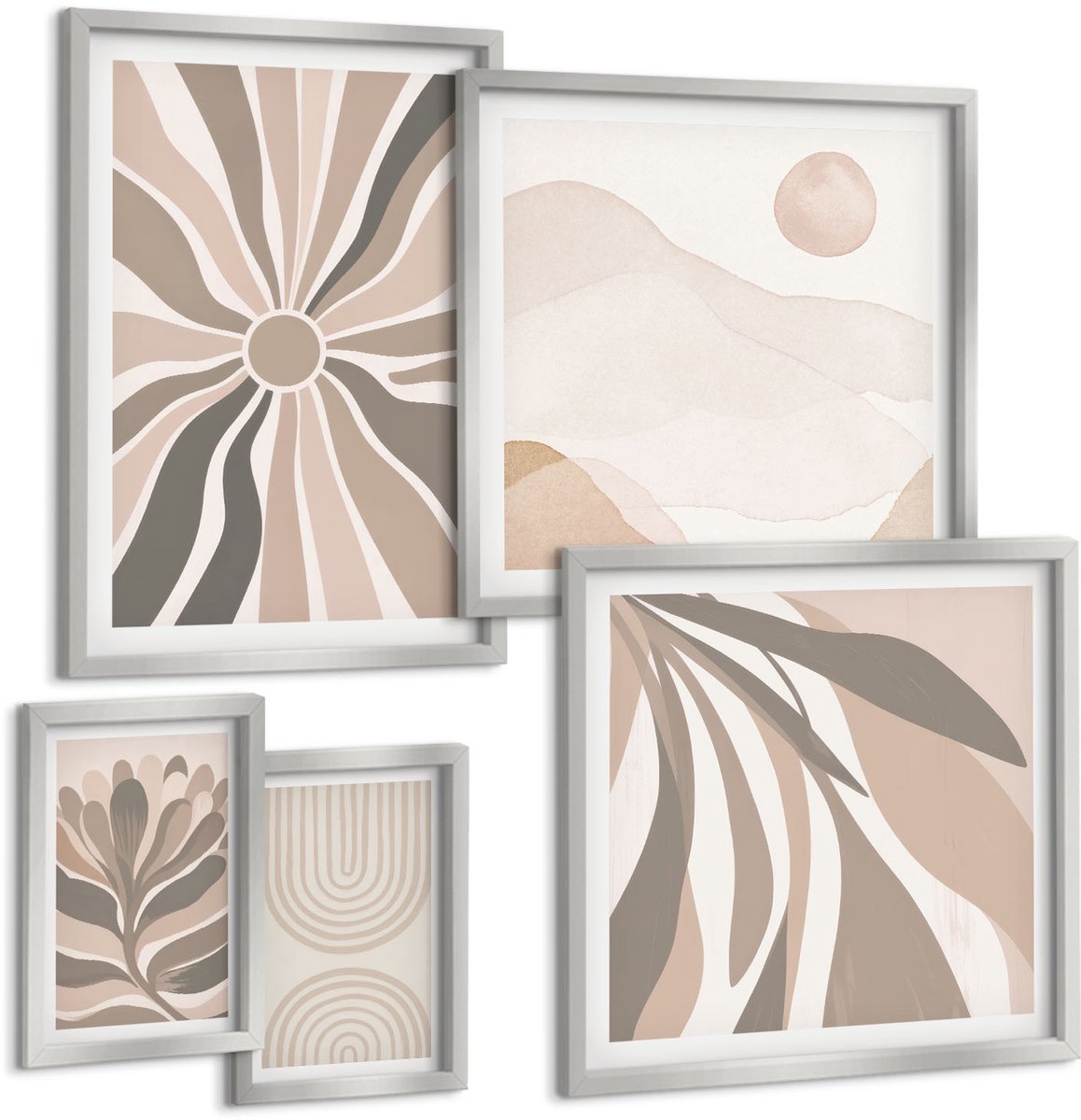 Coloray 5-Delige Schilderij Set - Plantmotieven Met Geometrische Patronen In Groene Tinten - 20 x 30 cm - Wanddecoratie - Moderne Interieurdecoratie - Interieur Decoratie