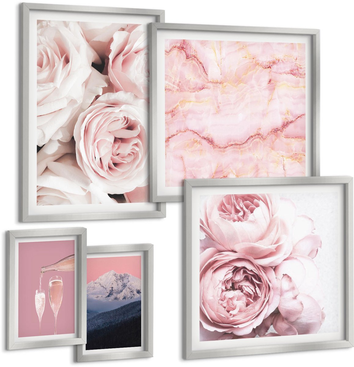Coloray 5-Delige Schilderij Set - Stijlvolle Portretten Van Vrouwen Met Roze Bloemen - 20 x 30 cm - Wanddecoratie - Muurdecoratie - Woonkamer - Decoratieve Schilderijen