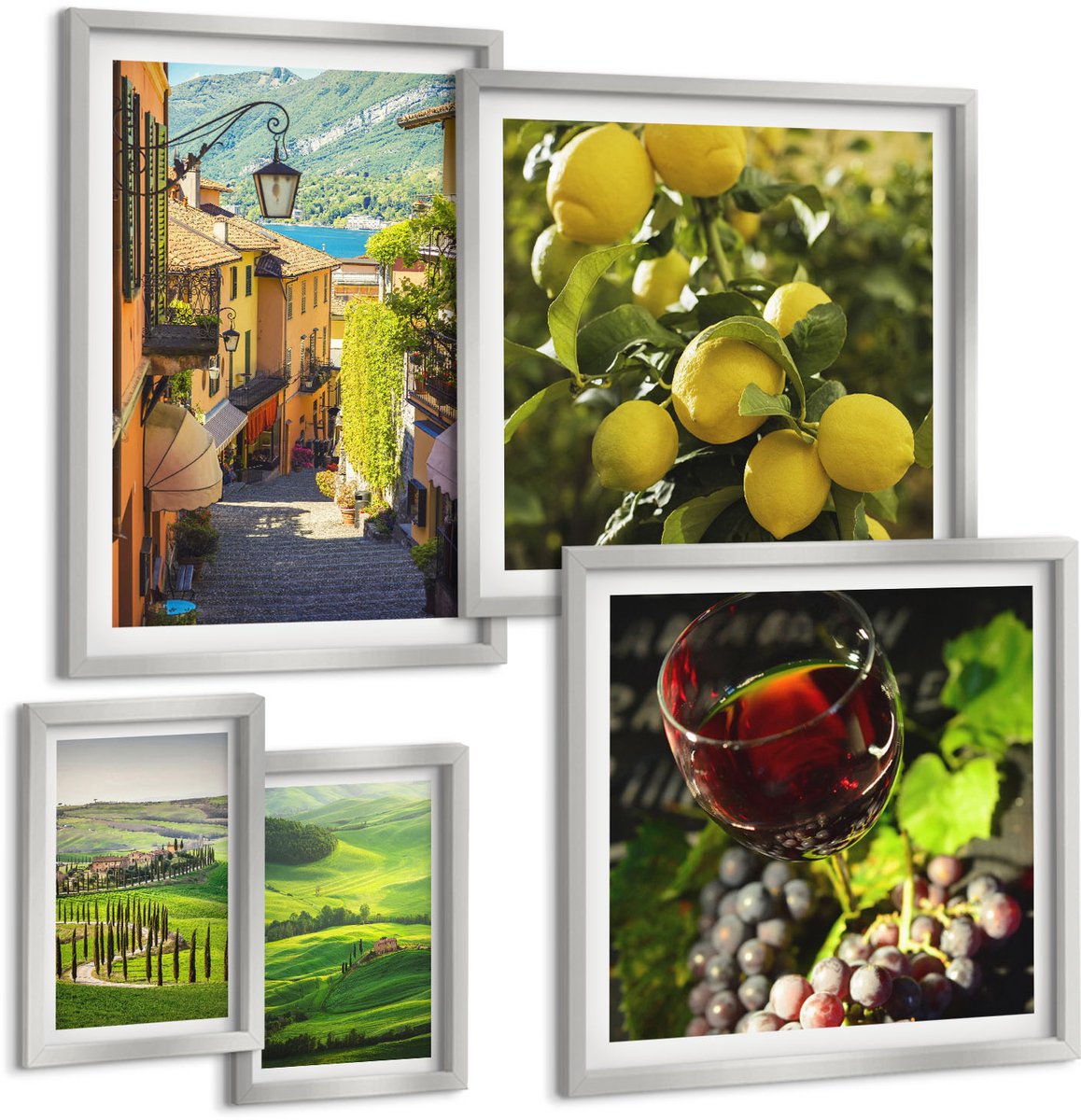 Coloray 5-Delige Schilderij Set - Italiaanse Landschappen Met Citrusbomen En Groene Heuvels - 20 x 30 cm - Wanddecoratie - Muurdecoratie - Woonkamer - Woonkamer Decoratie
