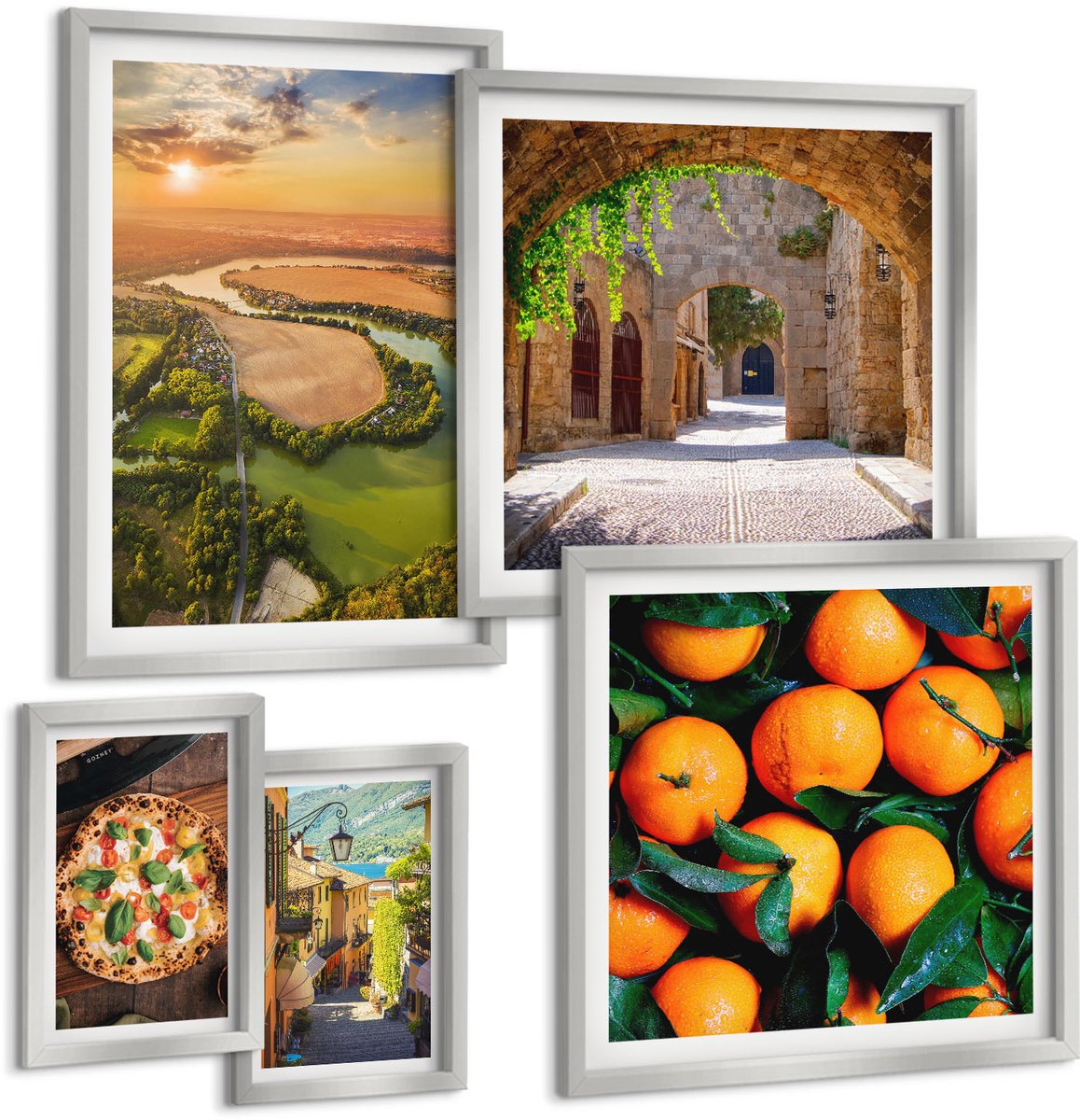 Coloray 5-Delige Schilderij Set - Sfeervolle Straatjes Met Stenen Gebouwen En Poorten. - 20 x 30 cm - Wanddecoratie - Schilderijen Set - Interieur