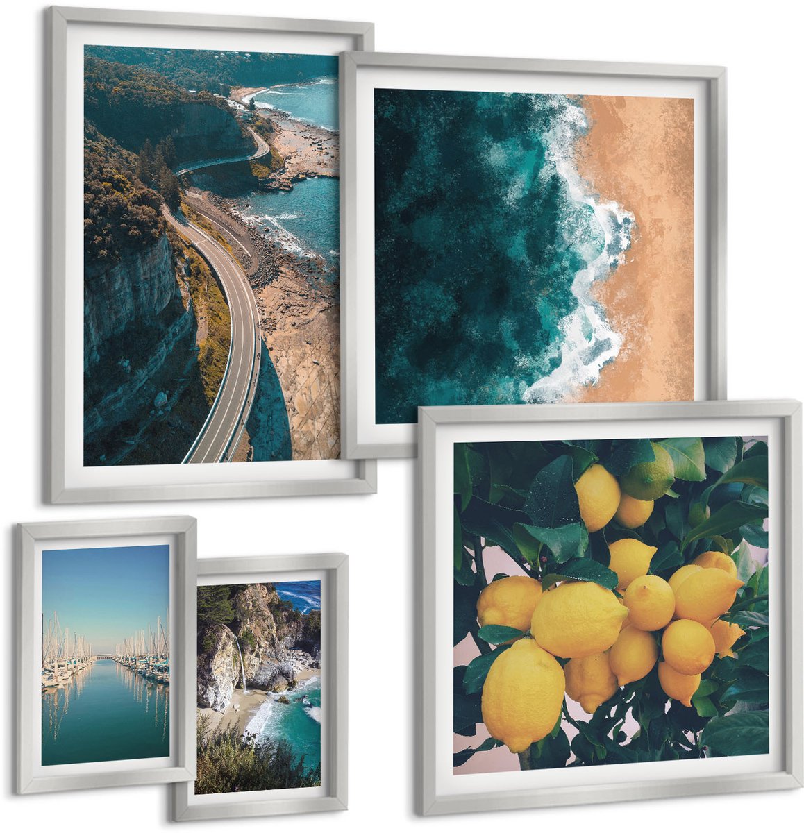 Coloray 5-Delige Schilderij Set - Schilderachtige Straatjes Langs De Kust, Uitzicht Op De Zee En Citroenen. - 20 x 30 cm - Schilderijen Set - Wanddecoratie - Woonkamer - Interieur Decoratie