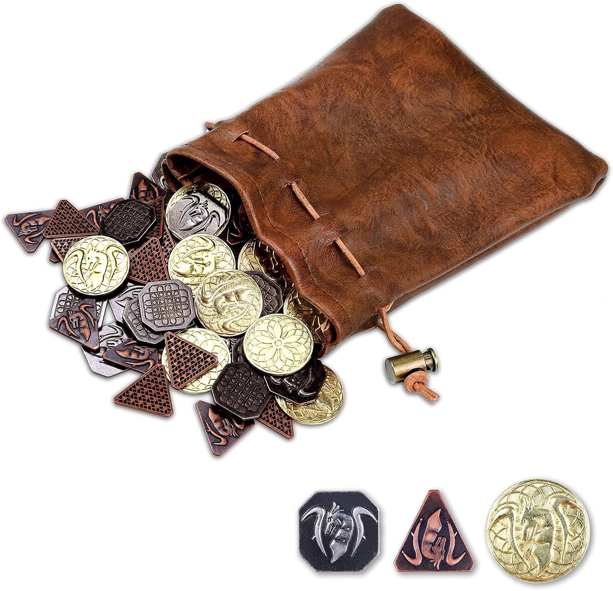 60 stuks DND-munten met lederen etui, gouden, zilveren en koperen metalen, fantasy-munten voor bordspellen, nepmunten om te gebruiken als spelpionnen, rollenspelmunten van DND